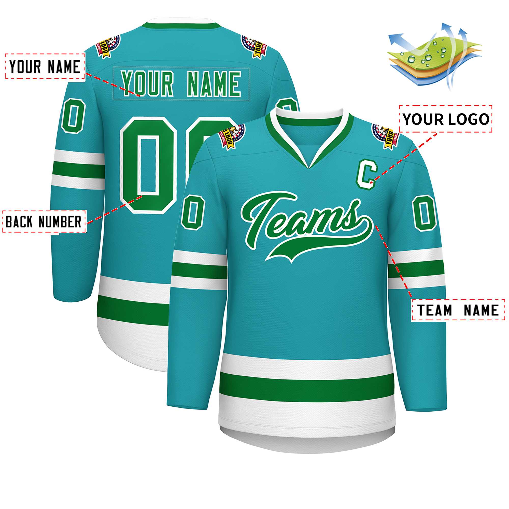 Custom Aqua Kelly Green-White Classic Style Hockey Jersey