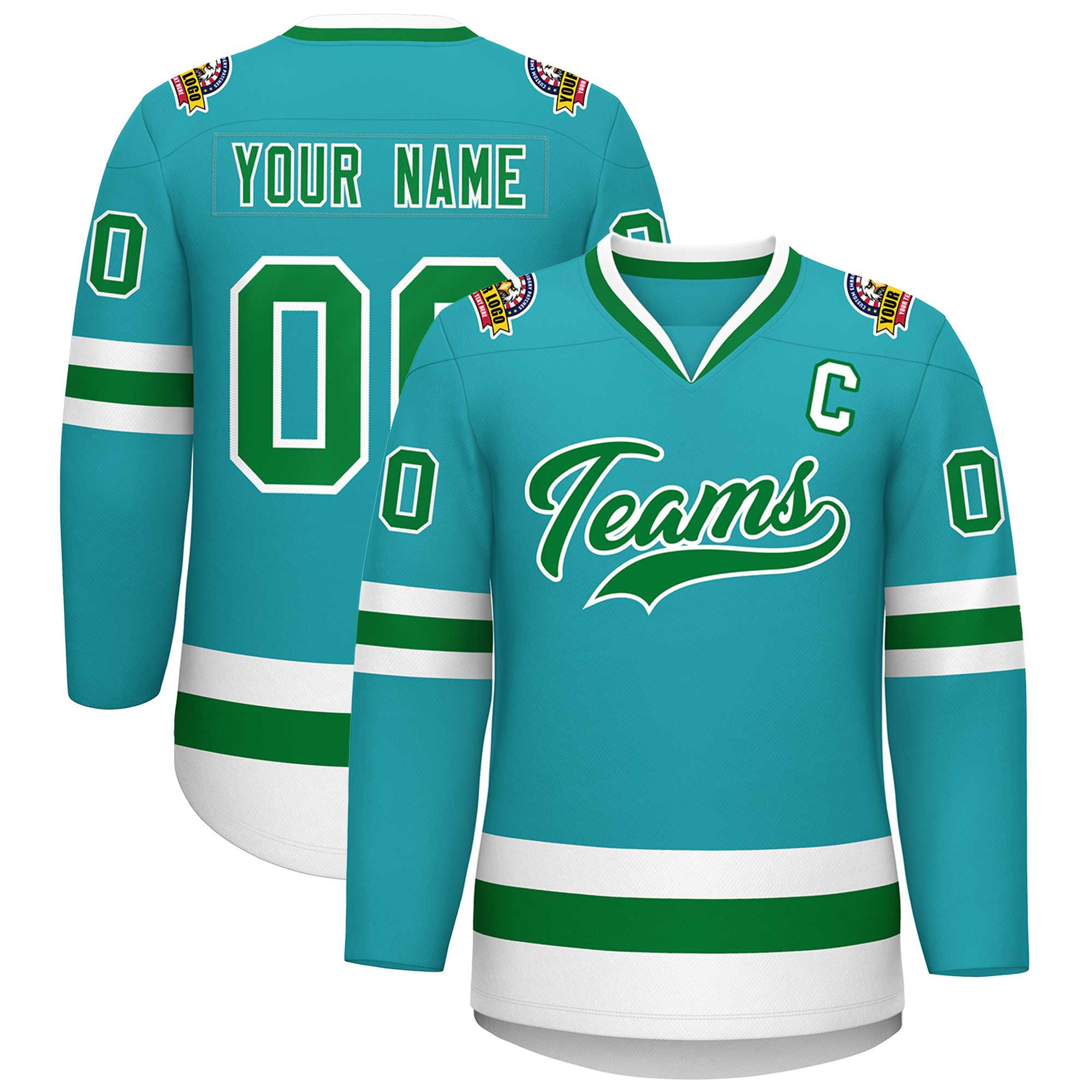 Custom Aqua Kelly Green-White Classic Style Hockey Jersey