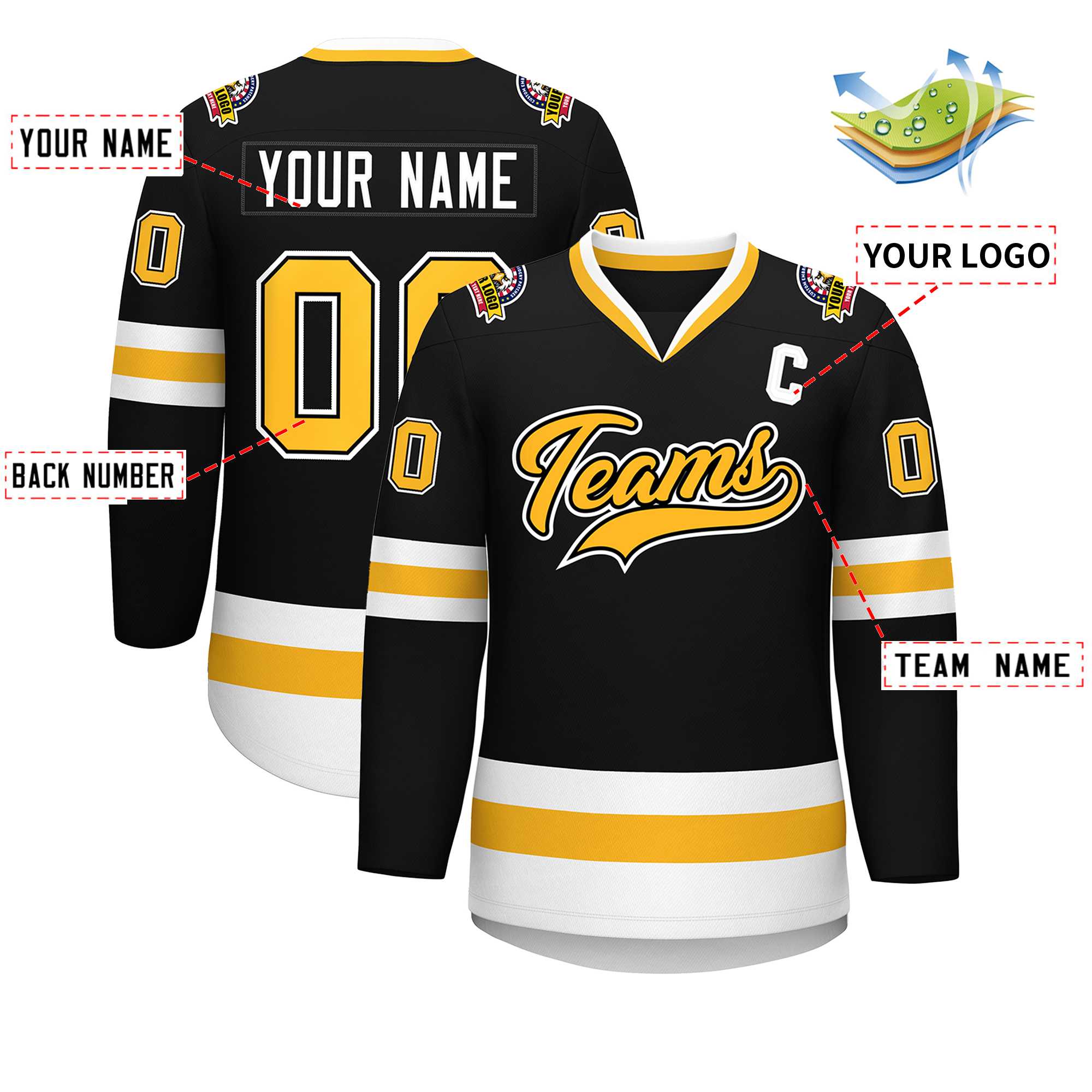 Custom Black Gold Black-White Classic Style Hockey Jersey