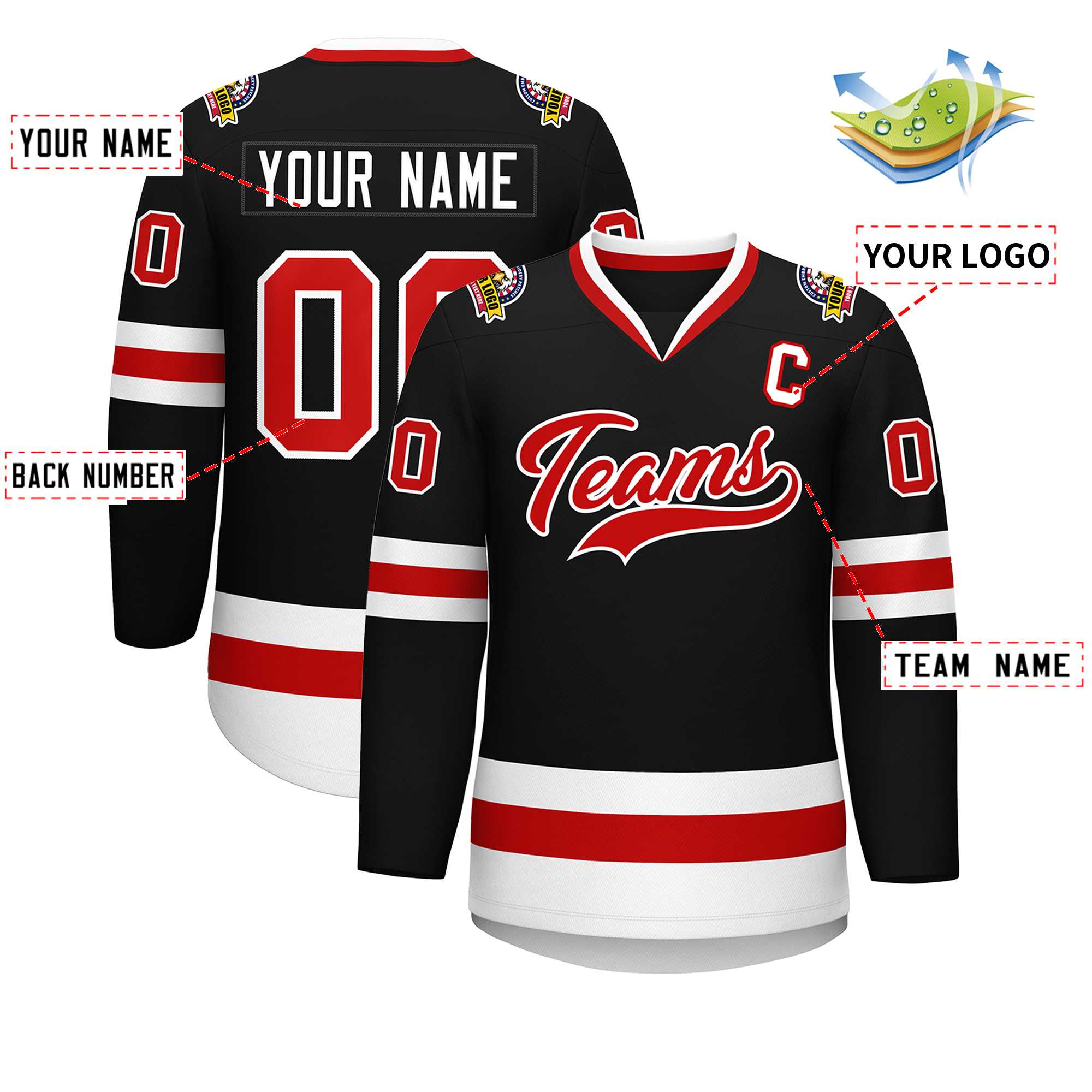 Custom Black Red-White Classic Style Hockey Jersey