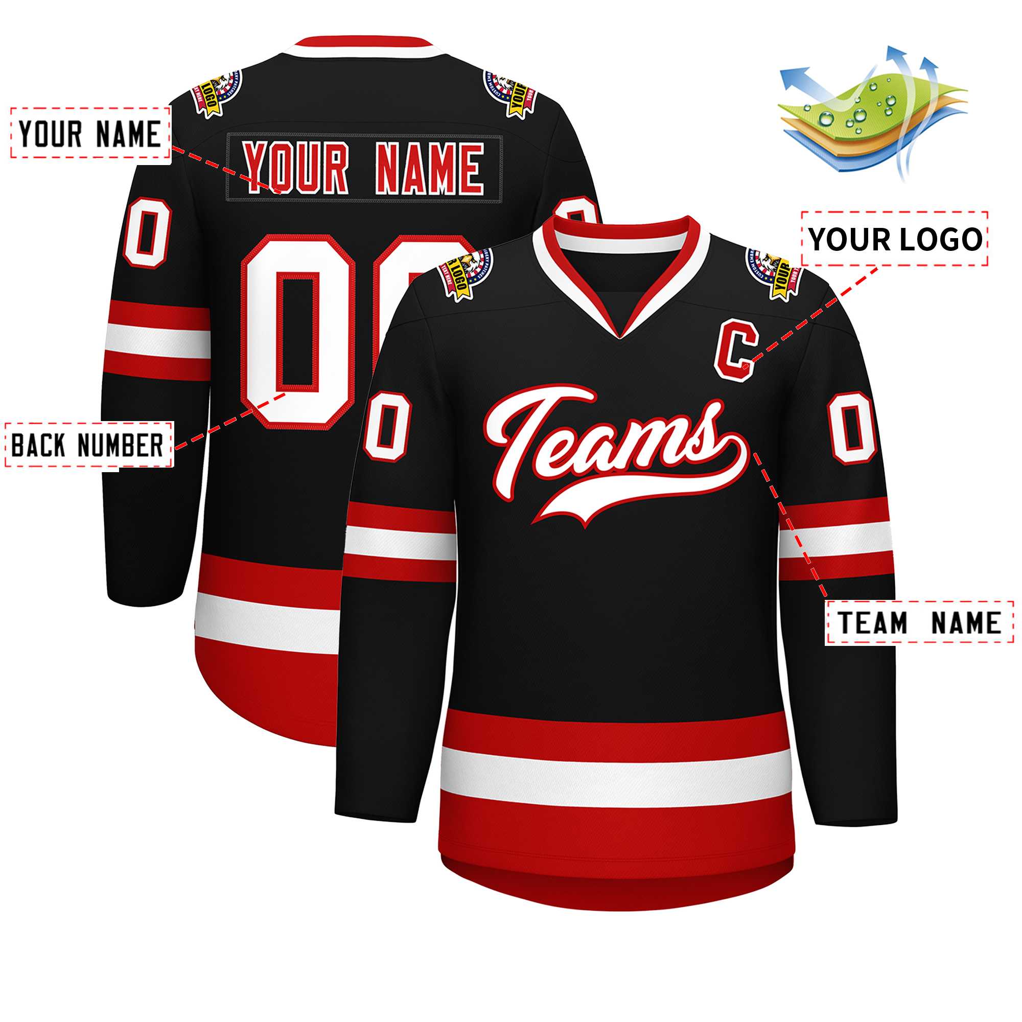 Custom Black White-Red Classic Style Hockey Jersey