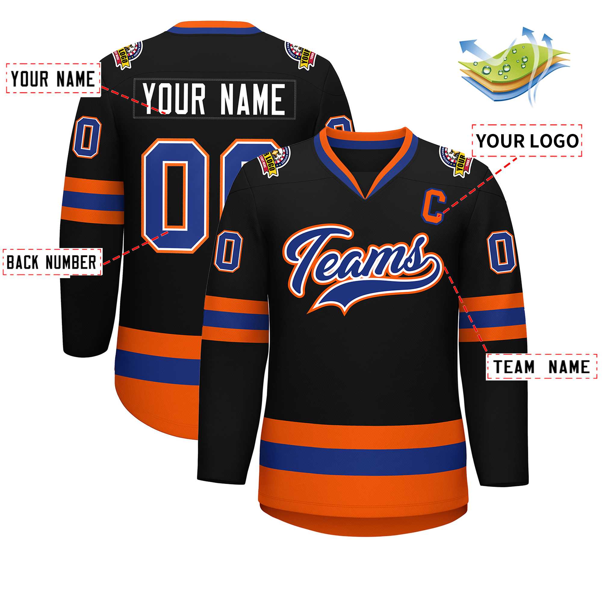 Custom Black Royal White-Orange Classic Style Hockey Jersey