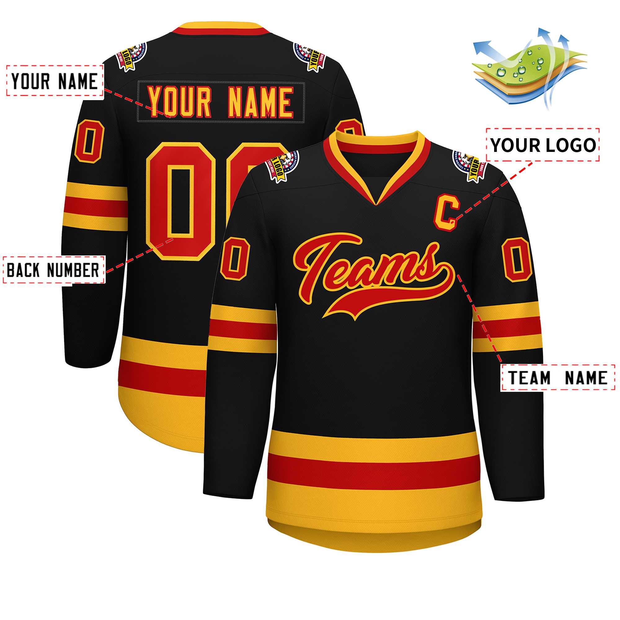 Custom Black Red-Gold Classic Style Hockey Jersey