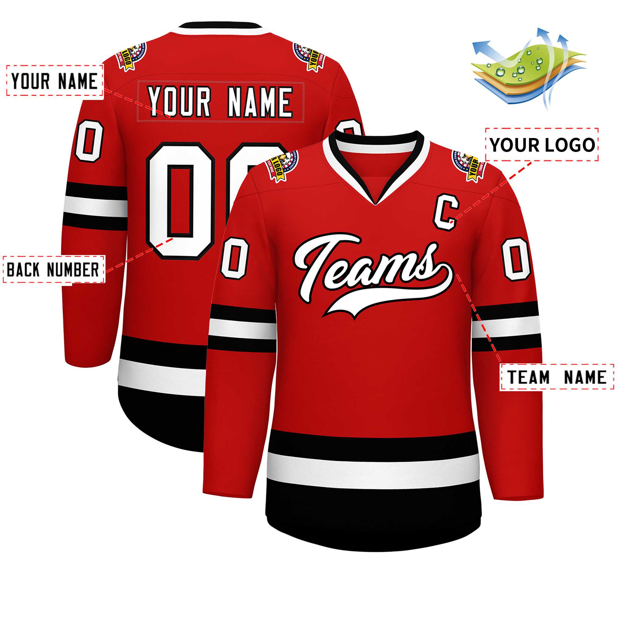 Maillot de hockey de style classique rouge blanc-noir personnalisé