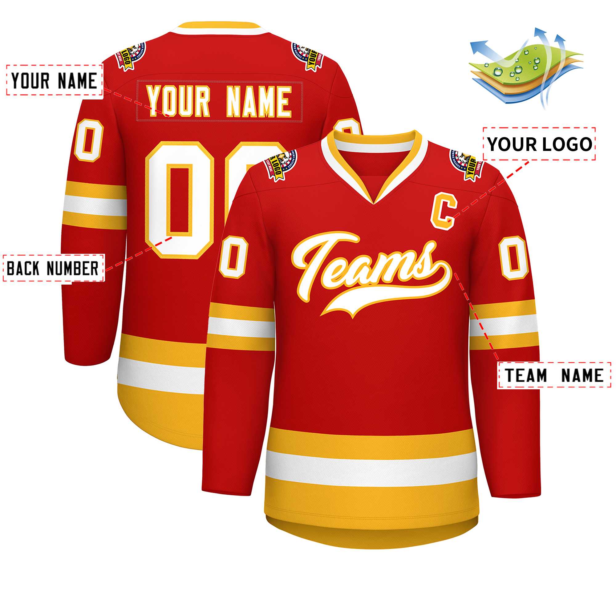 Custom Red White-Gold Classic Style Hockey Jersey