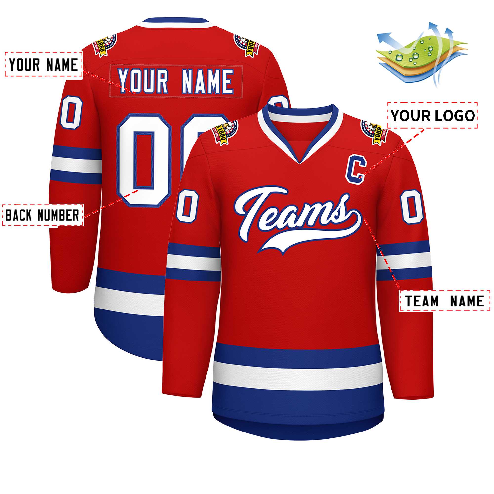 Maillot de hockey de style classique rouge blanc-royal personnalisé