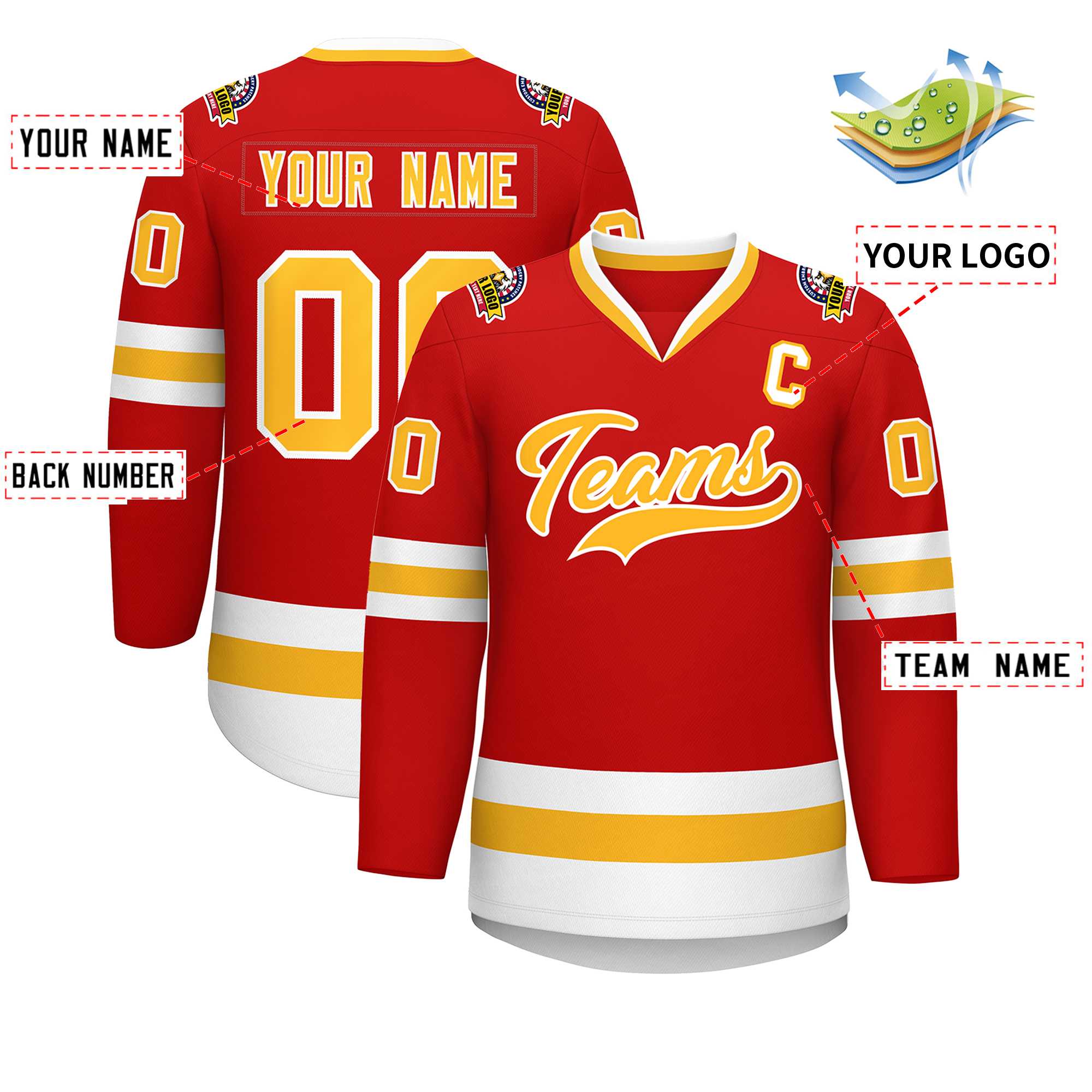 Custom Red Gold-White Classic Style Hockey Jersey