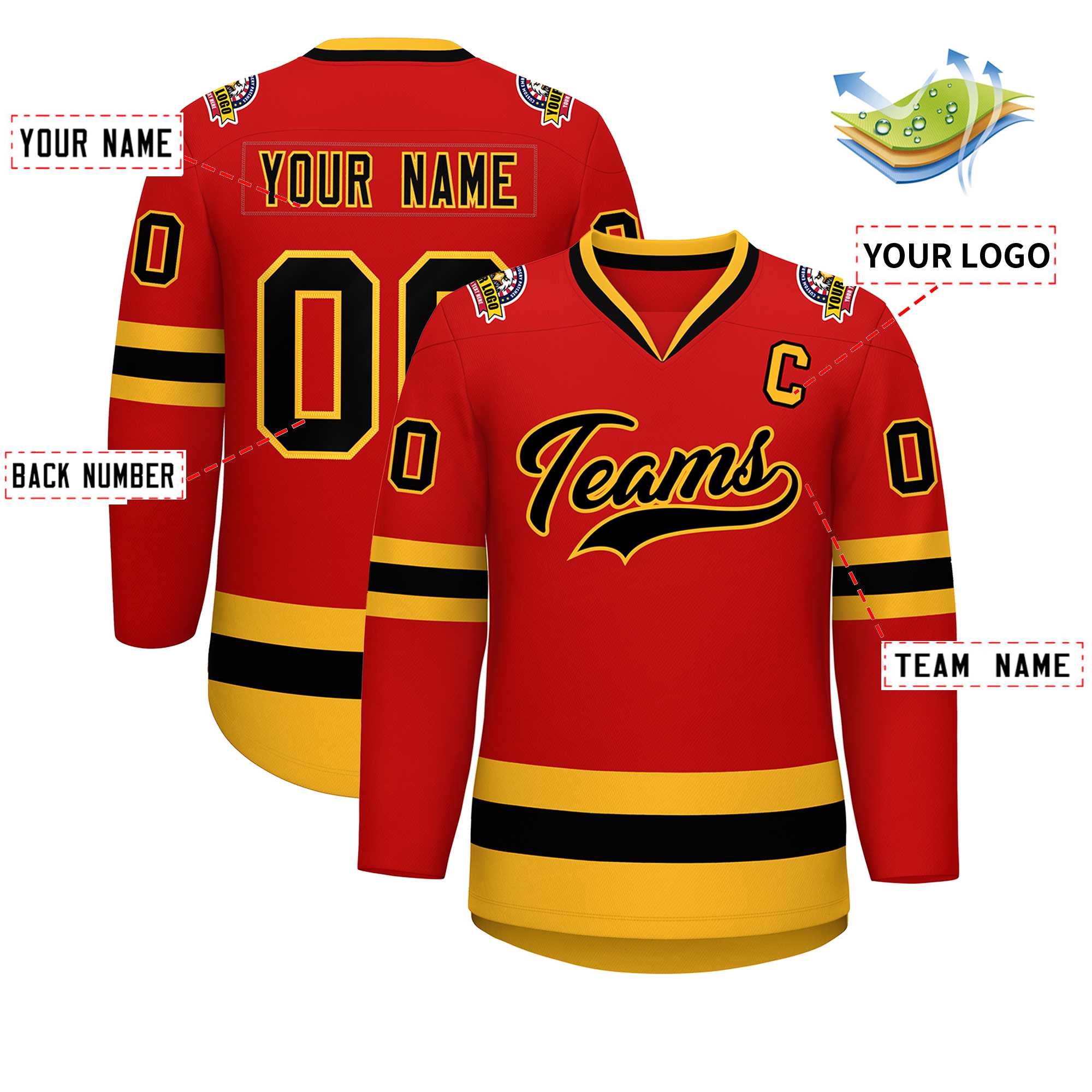 Custom Red Black-Gold Classic Style Hockey Jersey