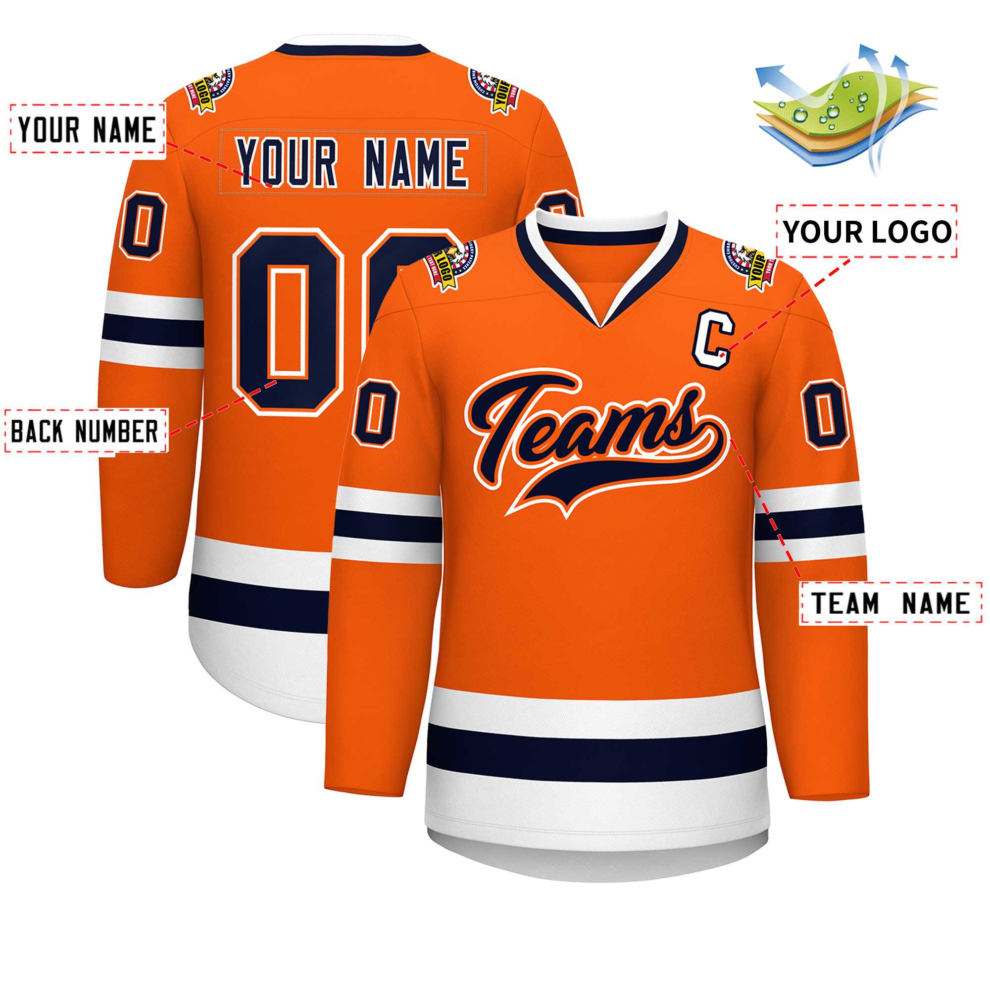 Maillot de hockey de style classique orange marine orange-blanc personnalisé