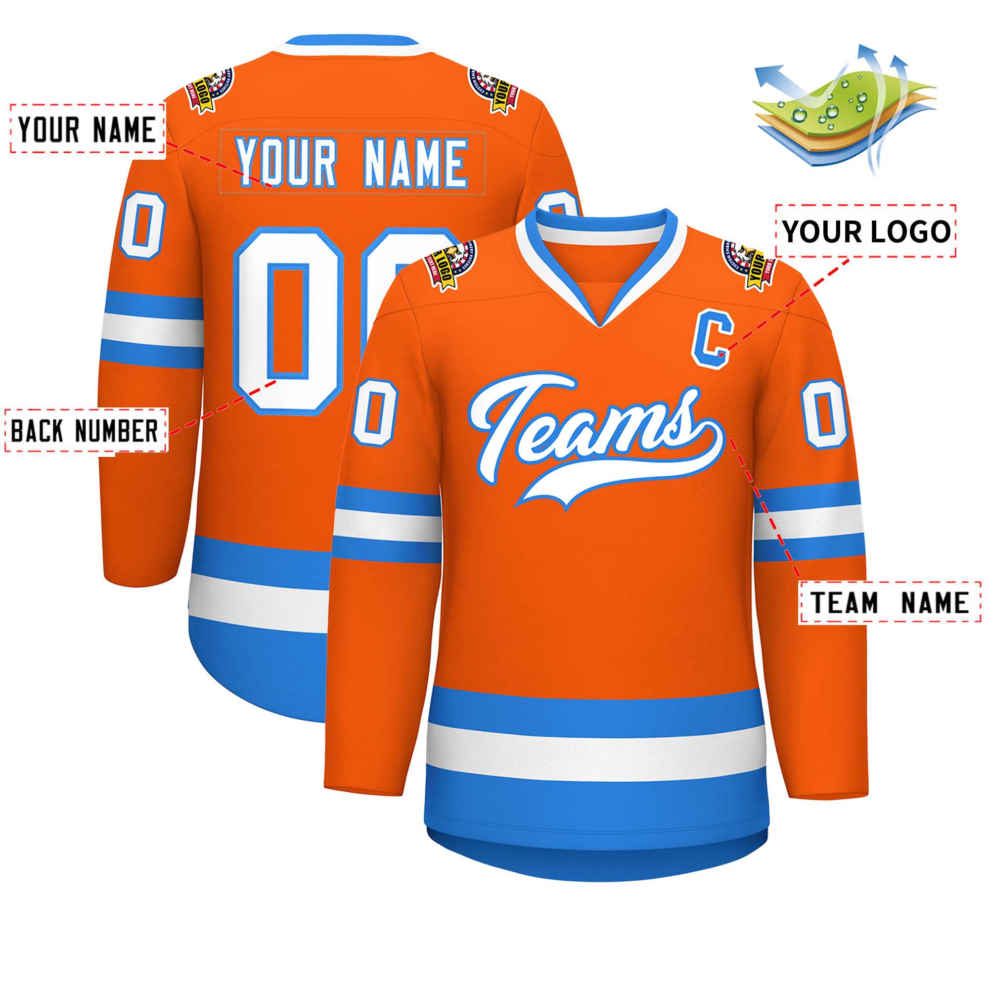 Maillot de hockey de style classique orange blanc-bleu poudre personnalisé