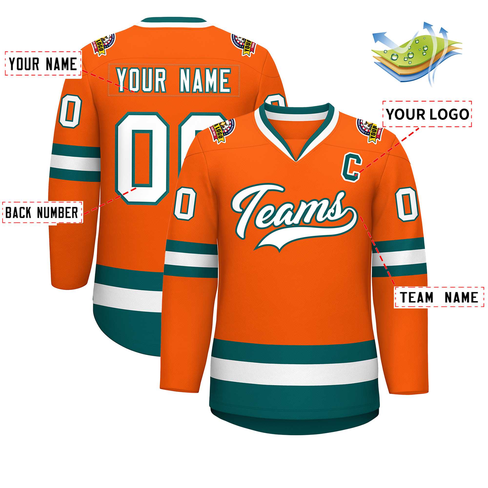 Maillot de hockey de style classique orange blanc-aqua personnalisé