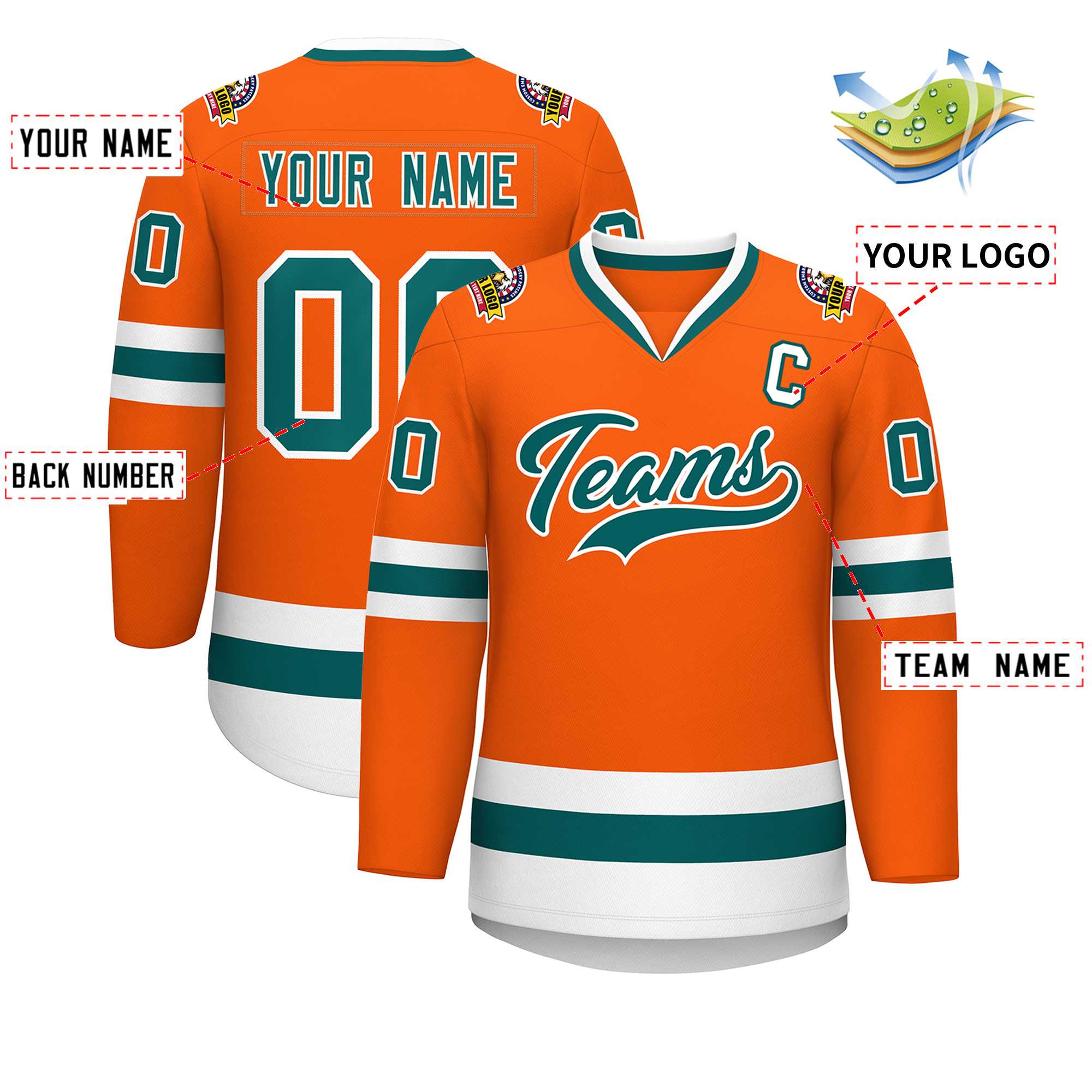 Custom Orange Aqua-White Classic Style Hockey Jersey