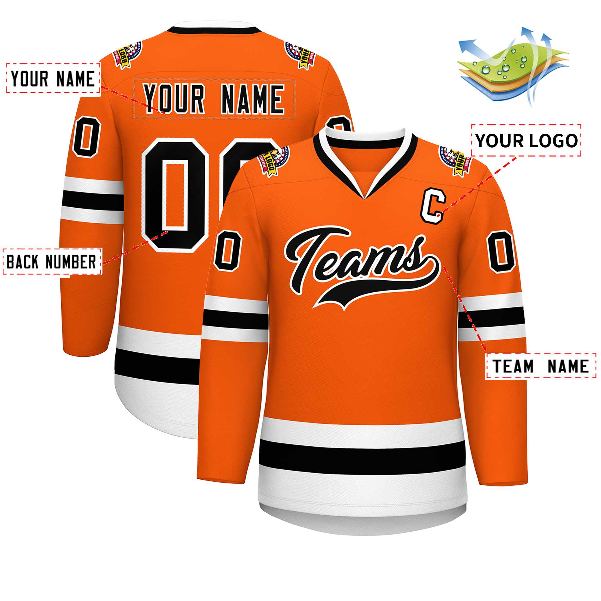 Maillot de hockey de style classique orange noir-blanc personnalisé