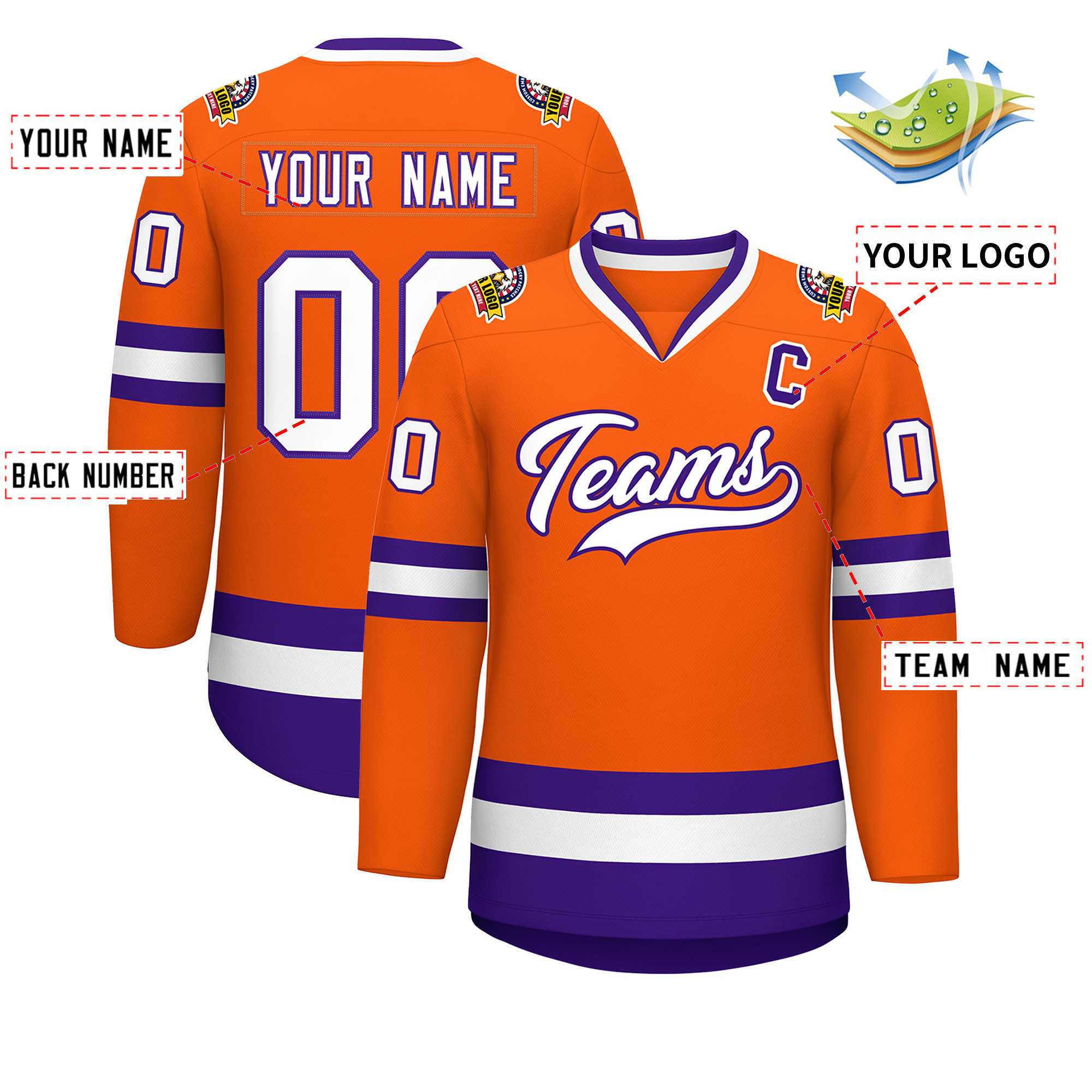 Maillot de hockey de style classique orange blanc-violet personnalisé