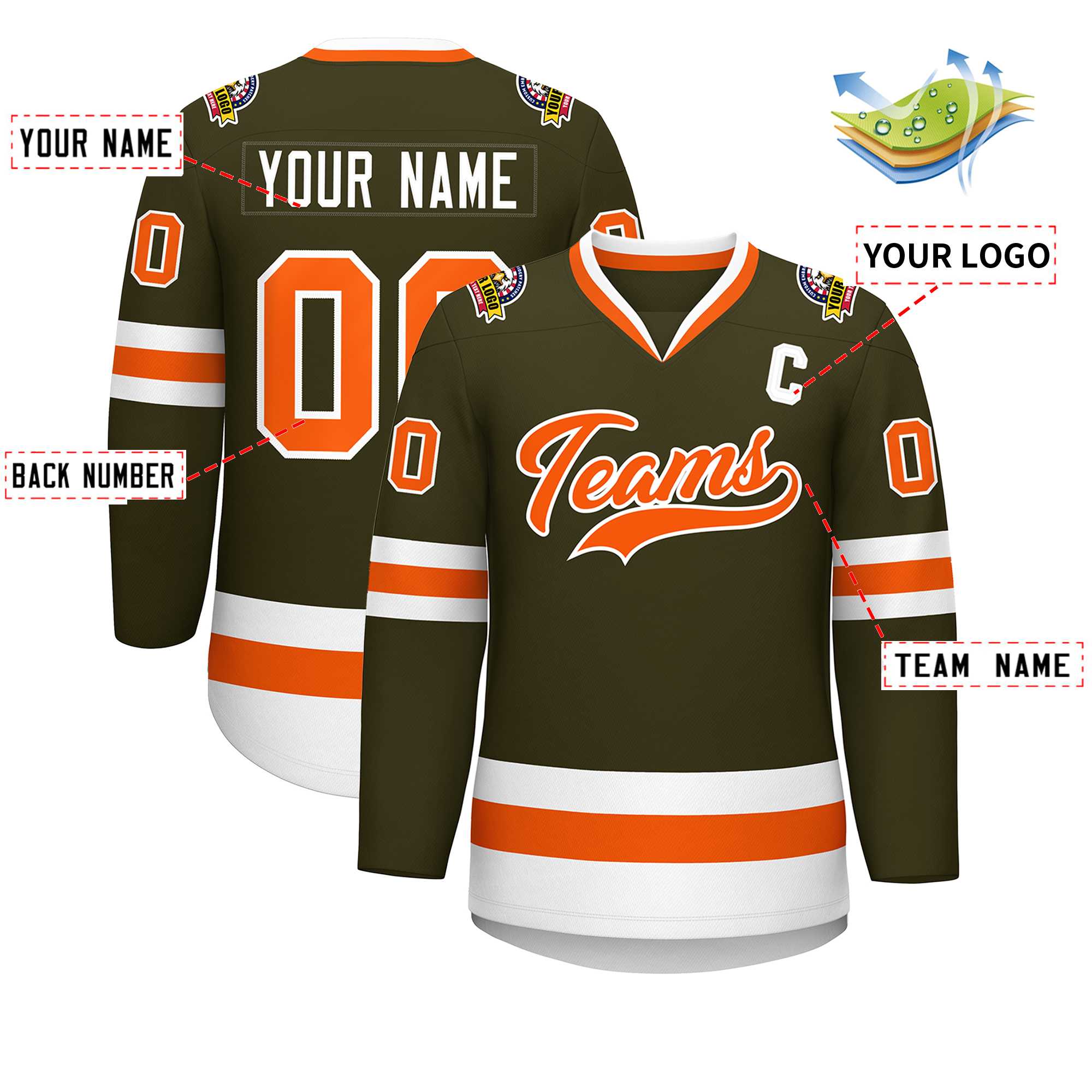 Maillot de hockey de style classique olive orange-blanc personnalisé