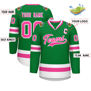 Custom Kelly Green Pink-White Classic Style Hockey Jersey