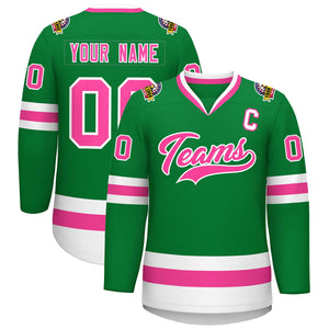 Custom Kelly Green Pink-White Classic Style Hockey Jersey