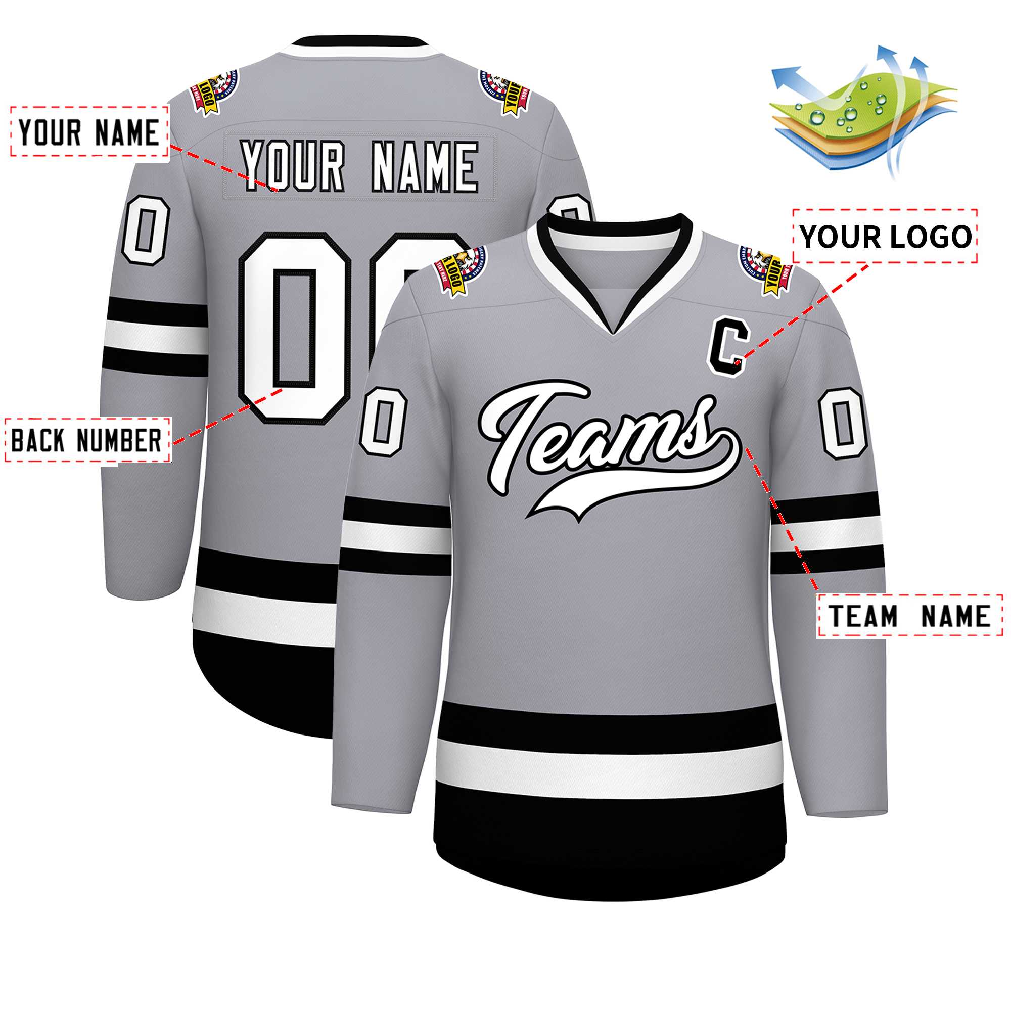 Maillot de hockey de style classique gris blanc-noir personnalisé