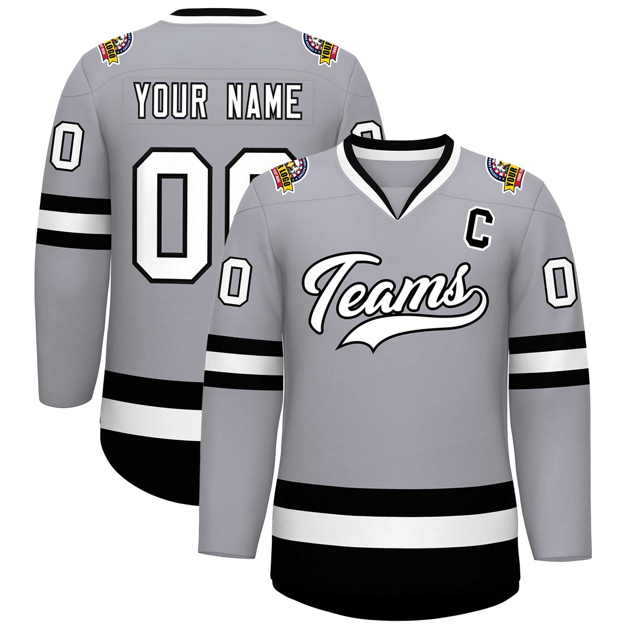 Maillot de hockey de style classique gris blanc-noir personnalisé