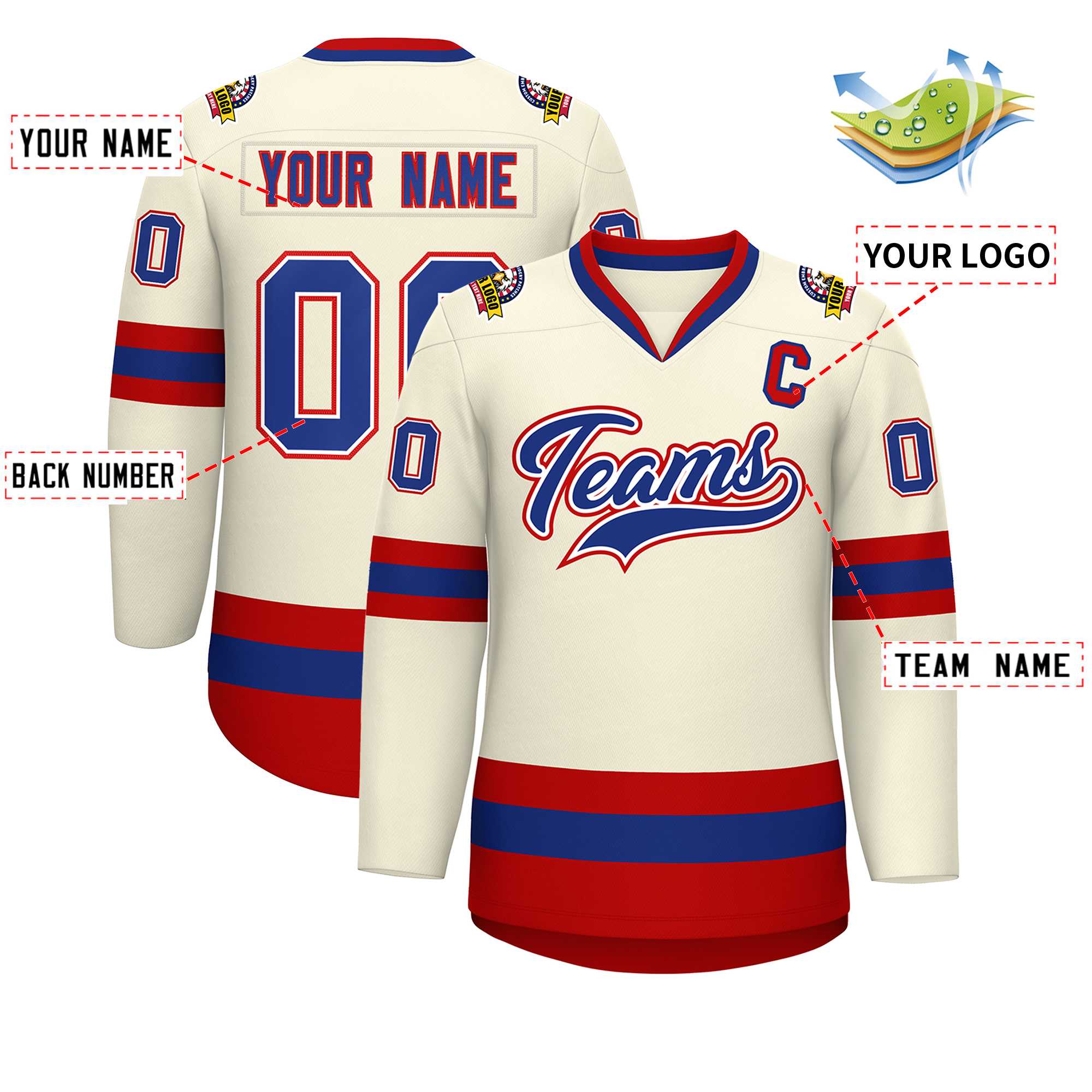 Custom Khaki Royal White-Red Classic Style Hockey Jersey