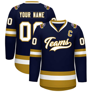 Custom Navy White-Old Gold Classic Style Hockey Jersey