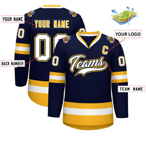 Custom Navy White Navy-Gold Classic Style Hockey Jersey