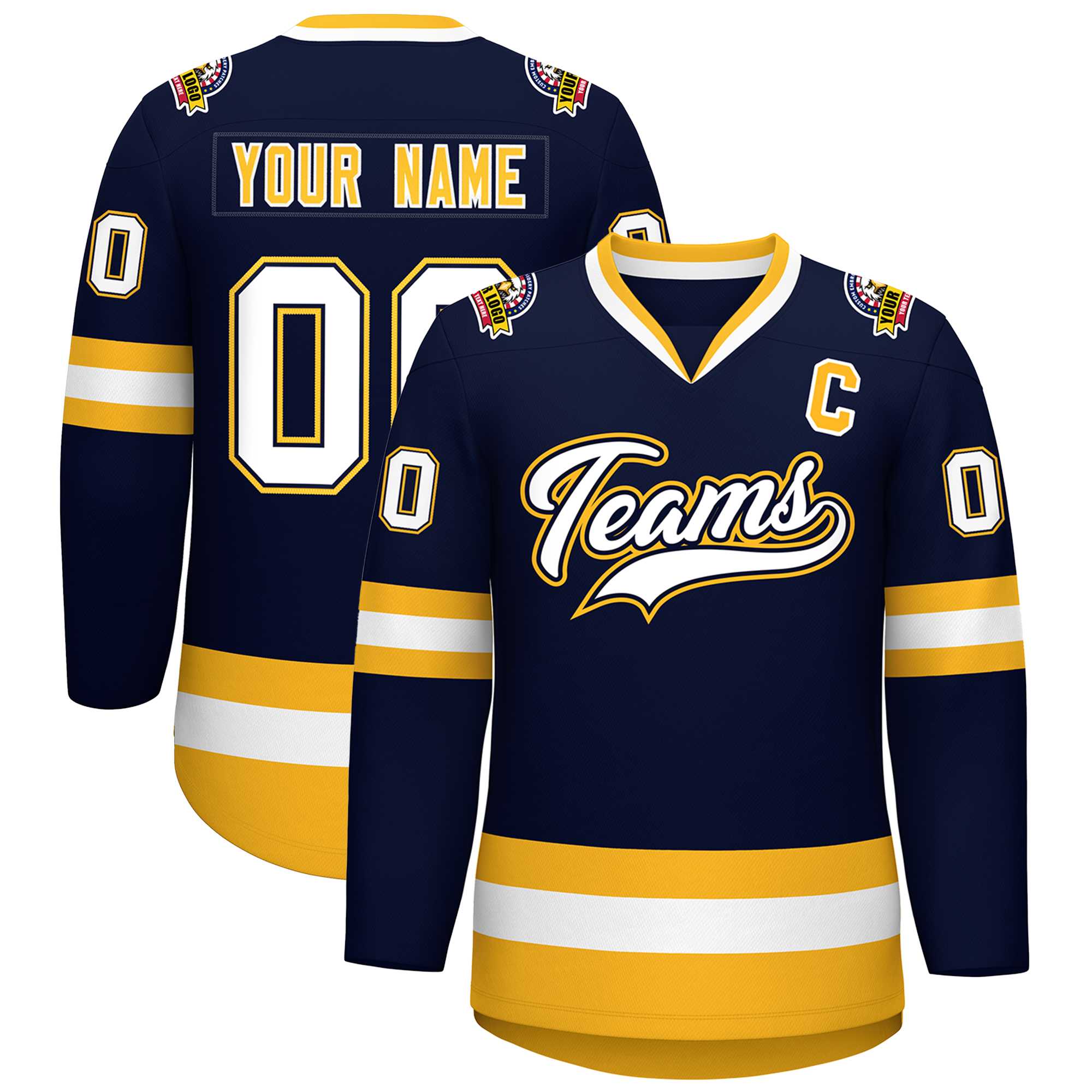 Custom Navy White Navy-Gold Classic Style Hockey Jersey