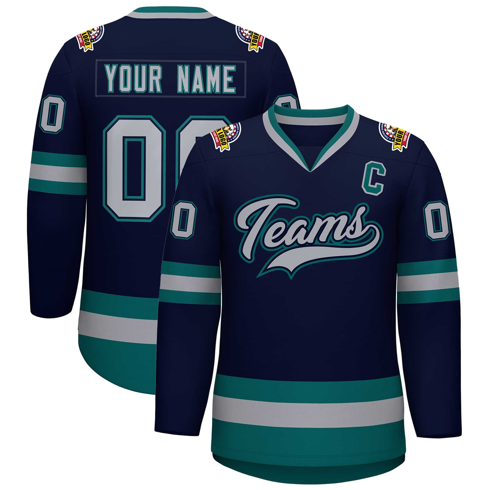 Custom Navy Gray Navy-Aqua Classic Style Hockey Jersey