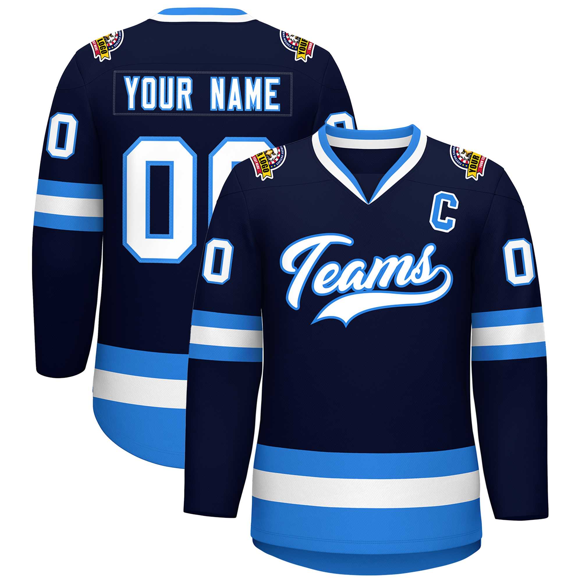 Custom Navy White-Powder Blue Classic Style Hockey Jersey