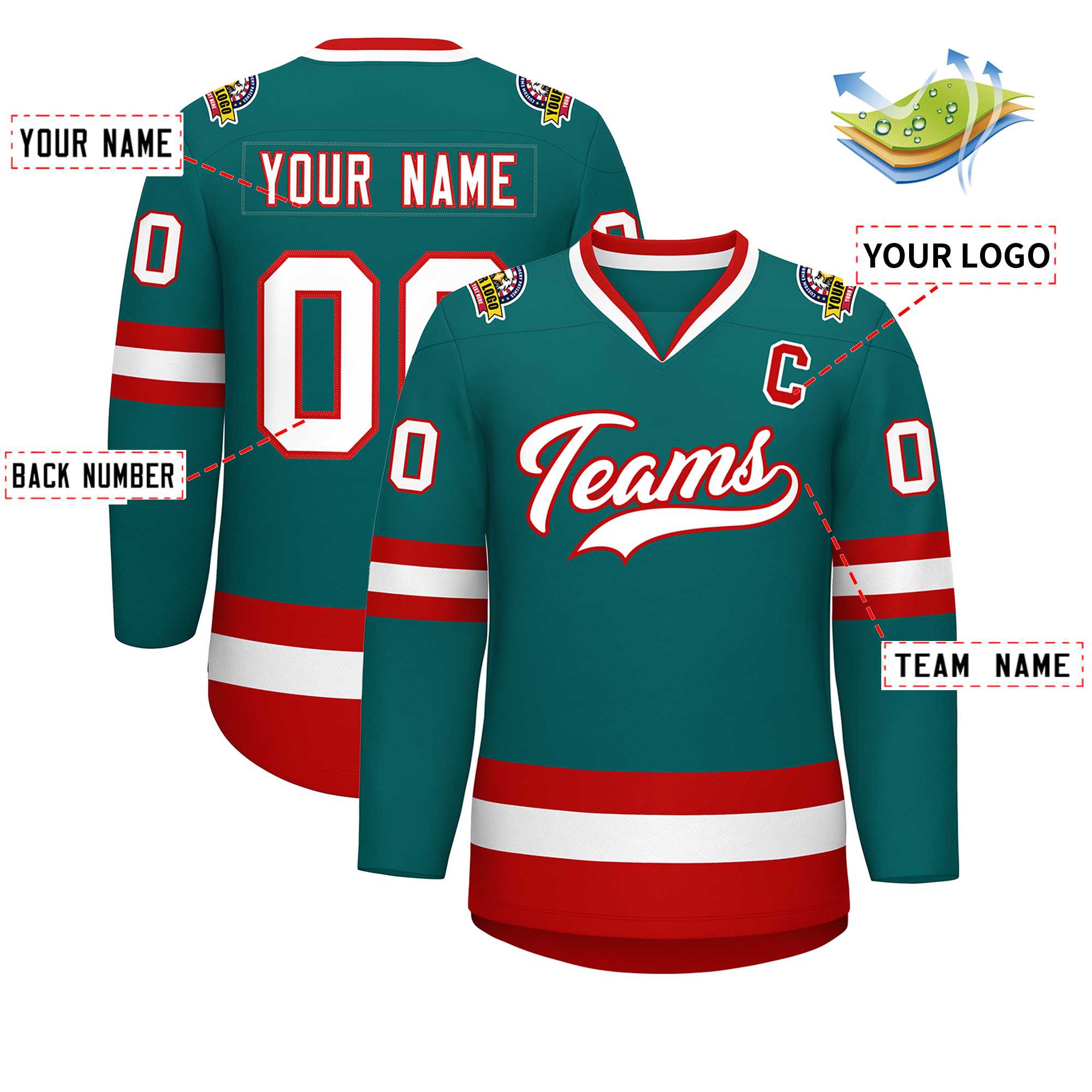 Custom Teal White-Red Classic Style Hockey Jersey