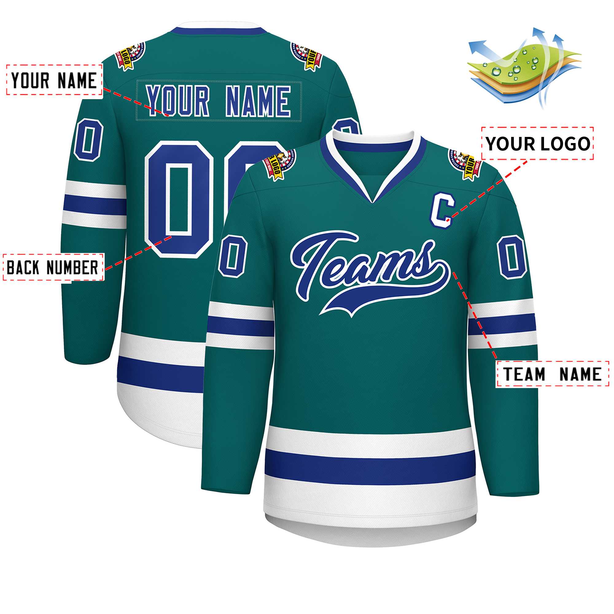 Custom Teal Royal-White Classic Style Hockey Jersey