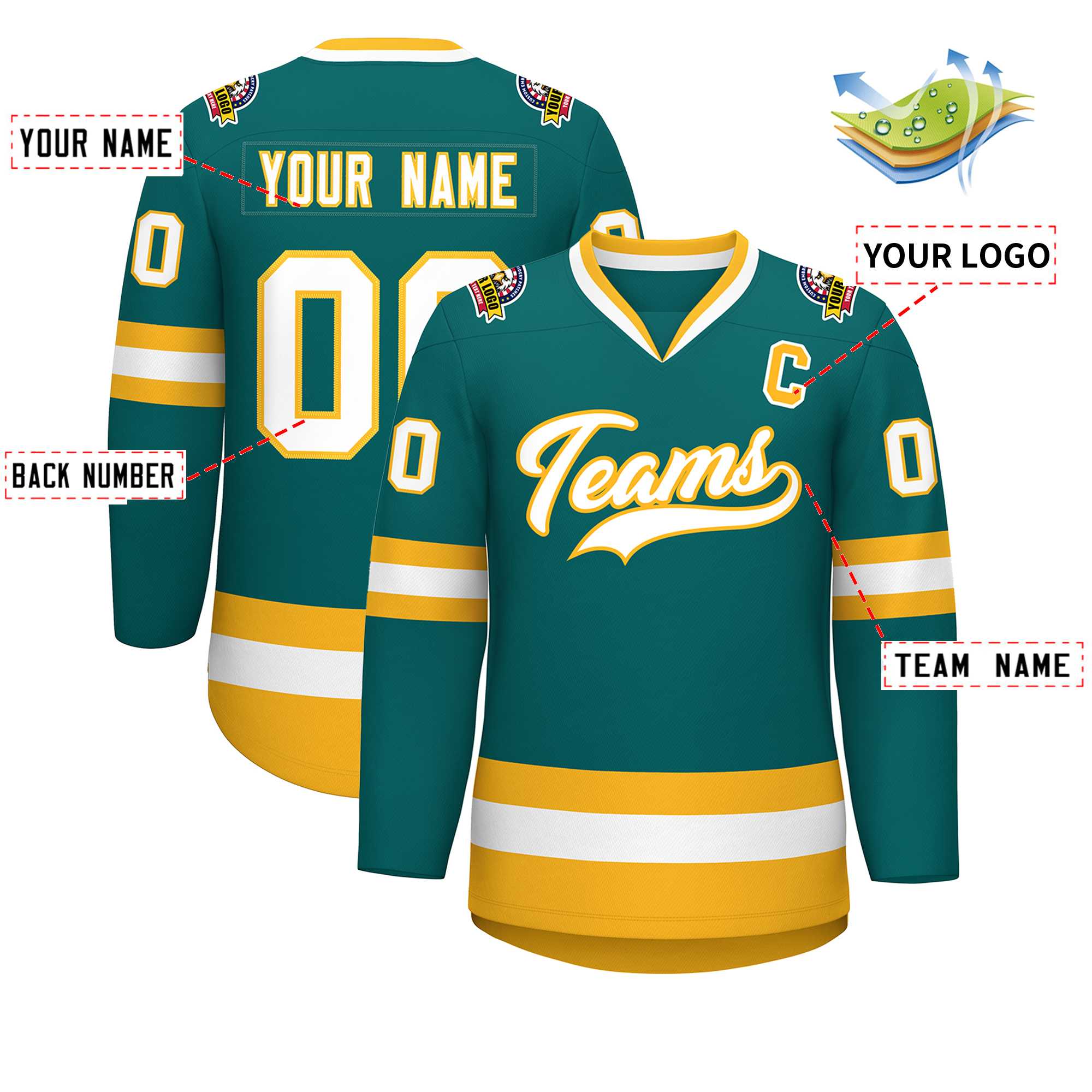 Custom Teal White-Gold Classic Style Hockey Jersey