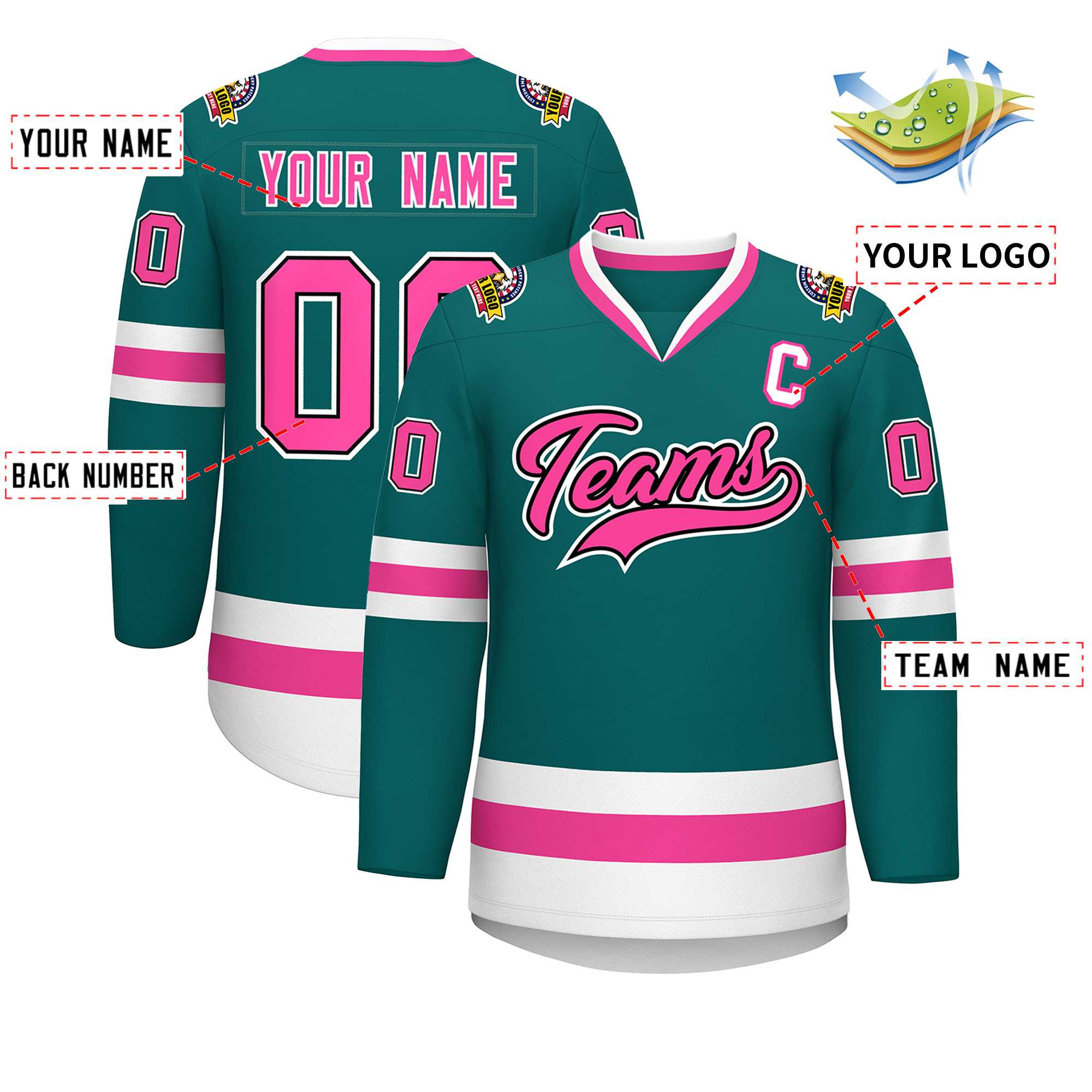 Custom Teal Pink Black-White Classic Style Hockey Jersey