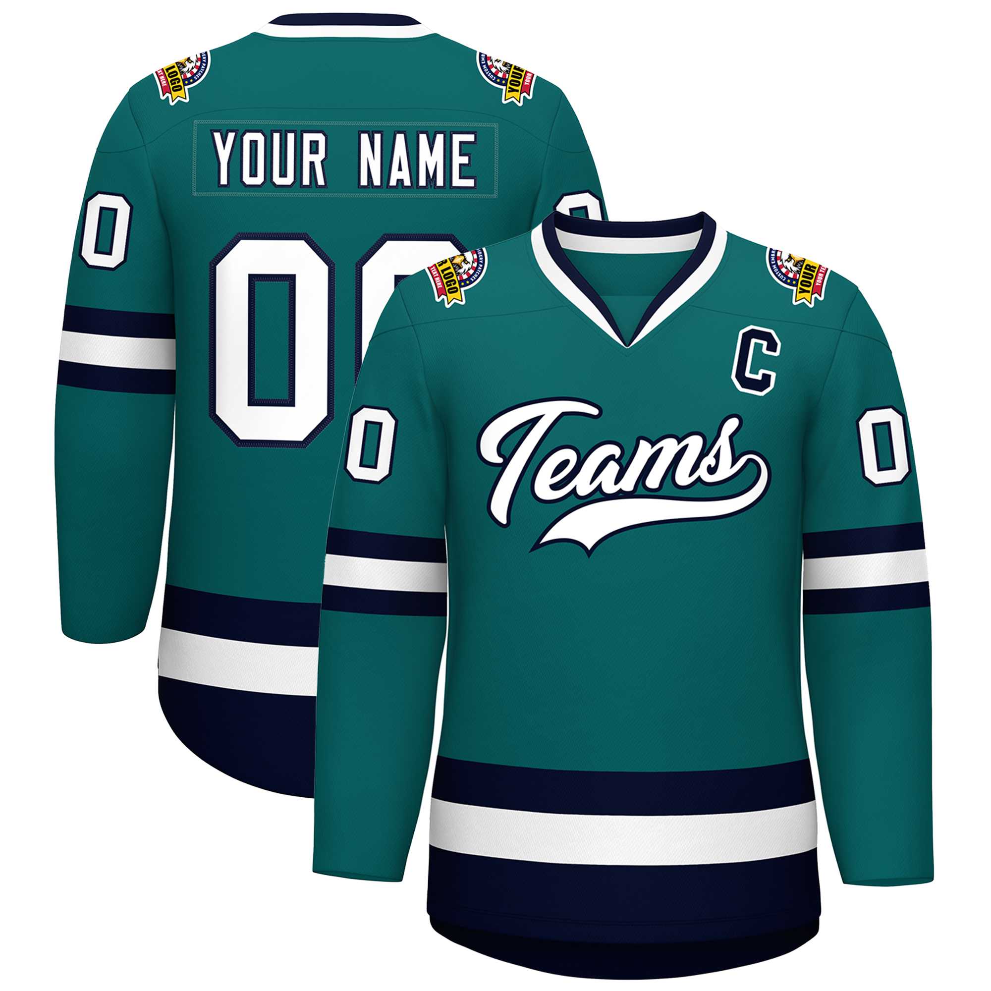 Custom Teal White-Navy Classic Style Hockey Jersey