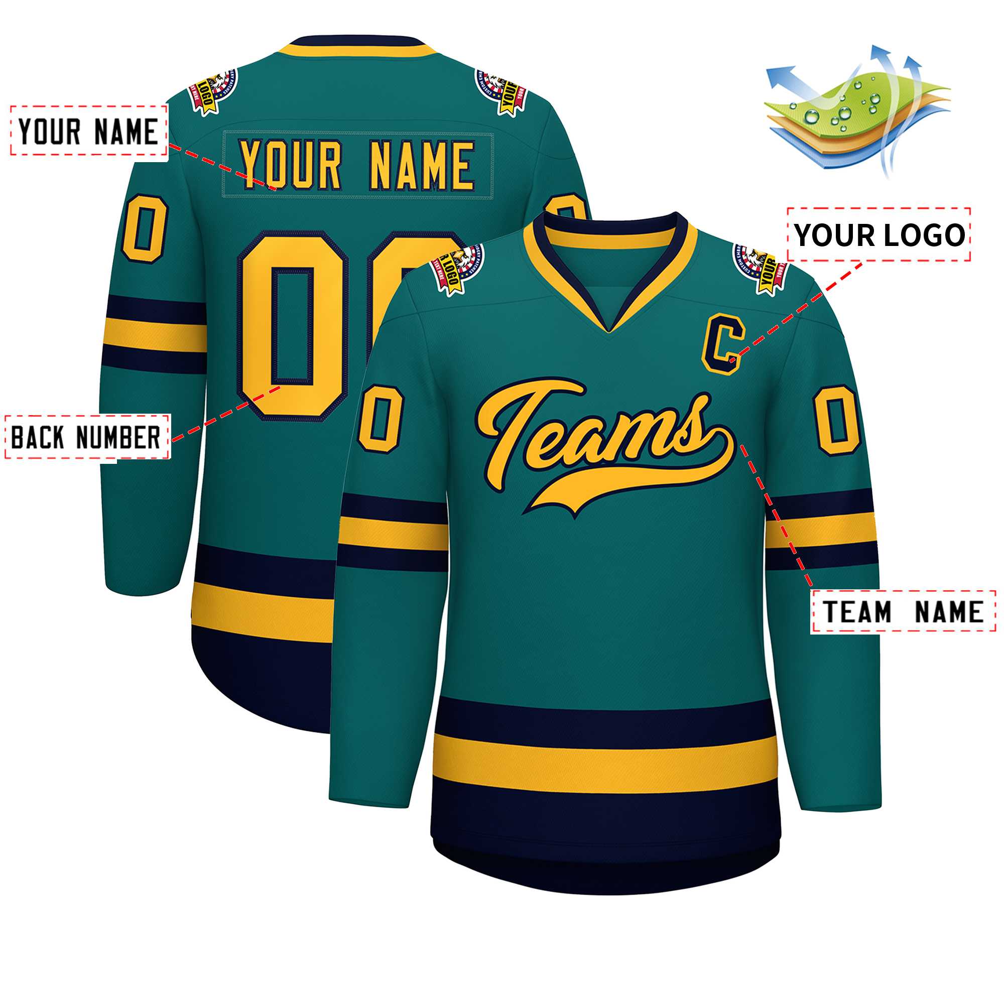 Custom Teal Gold-Navy Classic Style Hockey Jersey