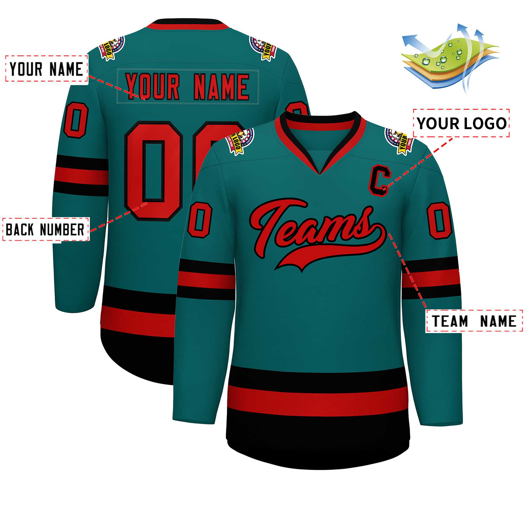 Custom Teal Red-Black Classic Style Hockey Jersey