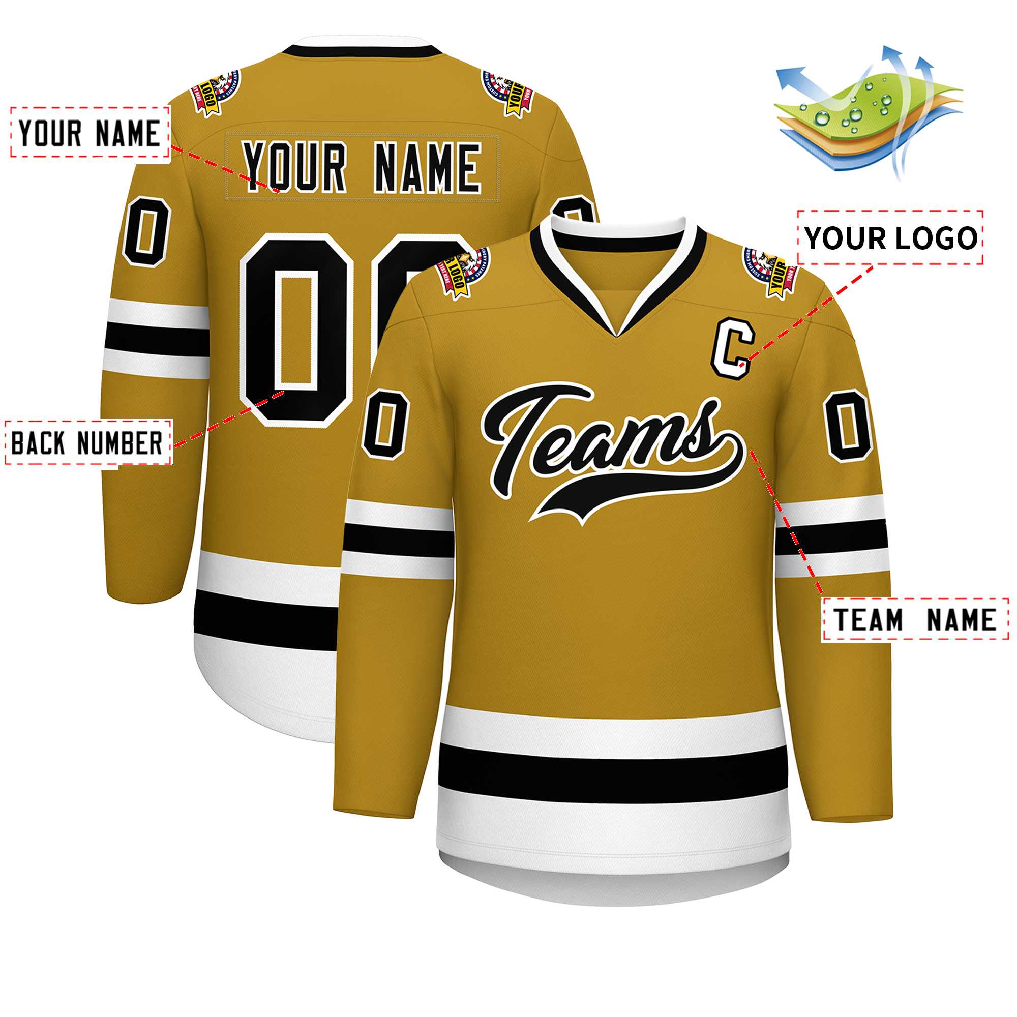 Maillot de hockey de style classique personnalisé Old Gold noir-blanc