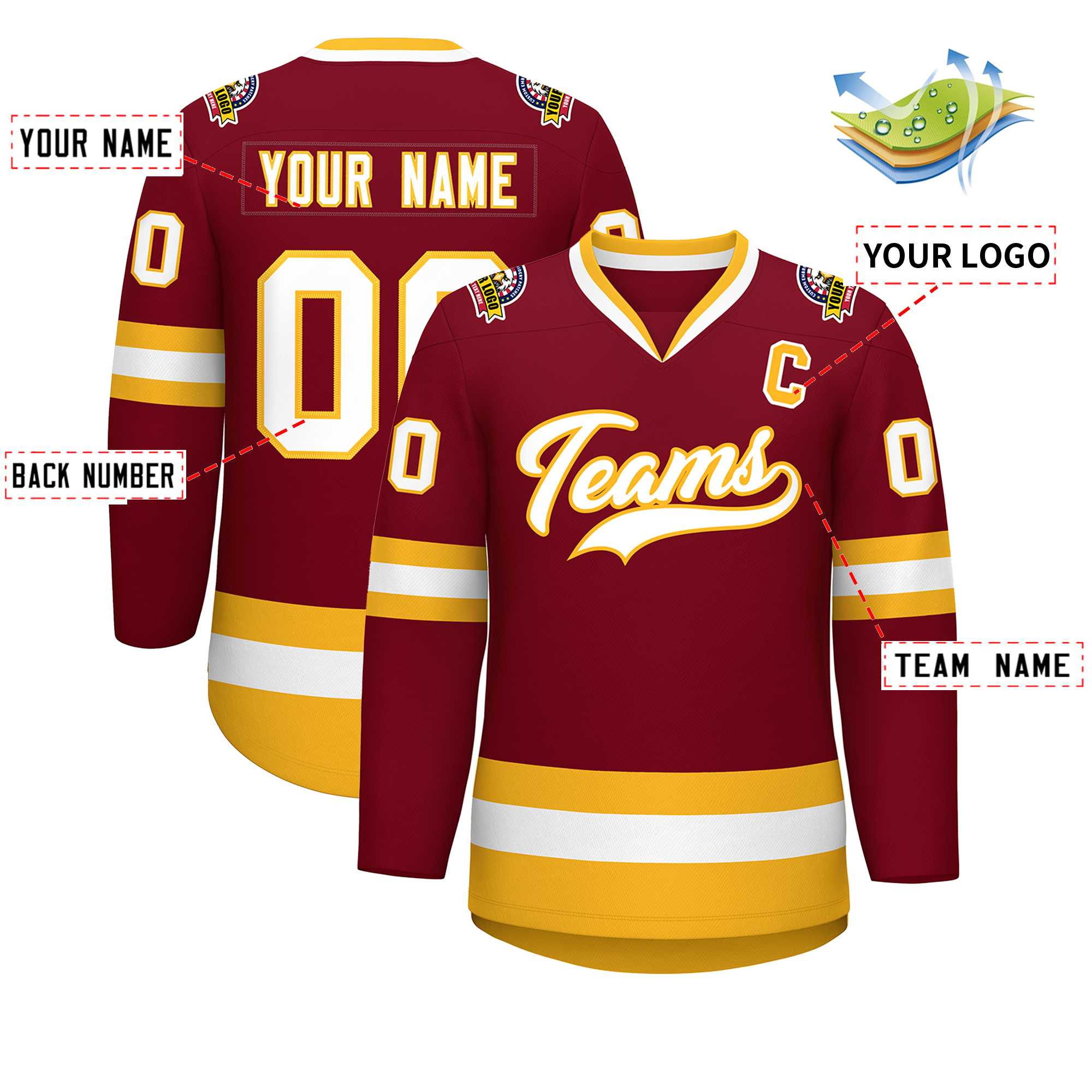 Custom Crimson White-Gold Classic Style Hockey Jersey