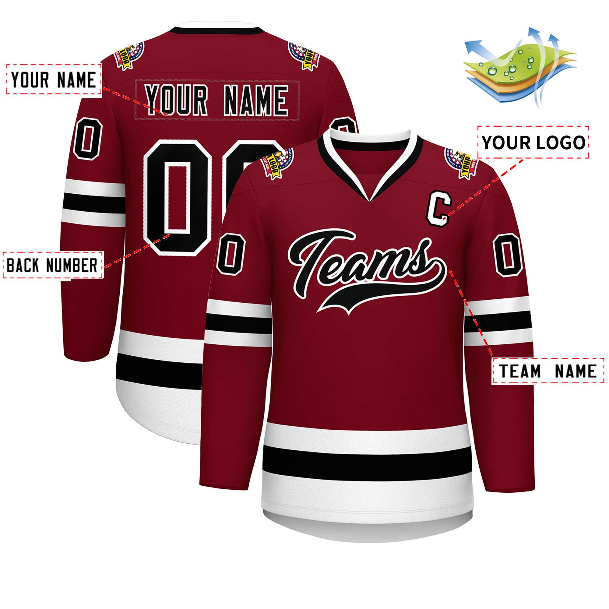 Custom Crimson Black-White Classic Style Hockey Jersey