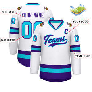 Custom White Purple-Powder Blue Classic Style Hockey Jersey