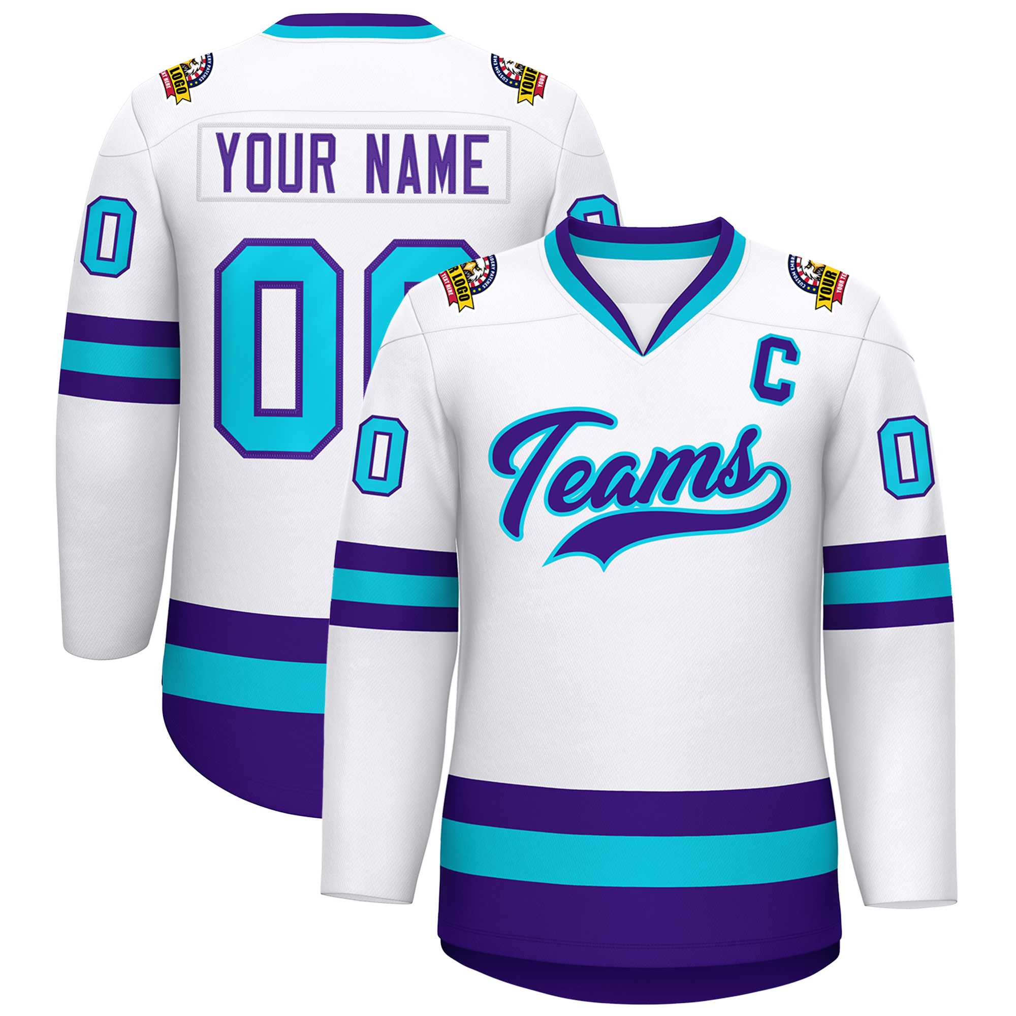 Custom White Purple-Powder Blue Classic Style Hockey Jersey