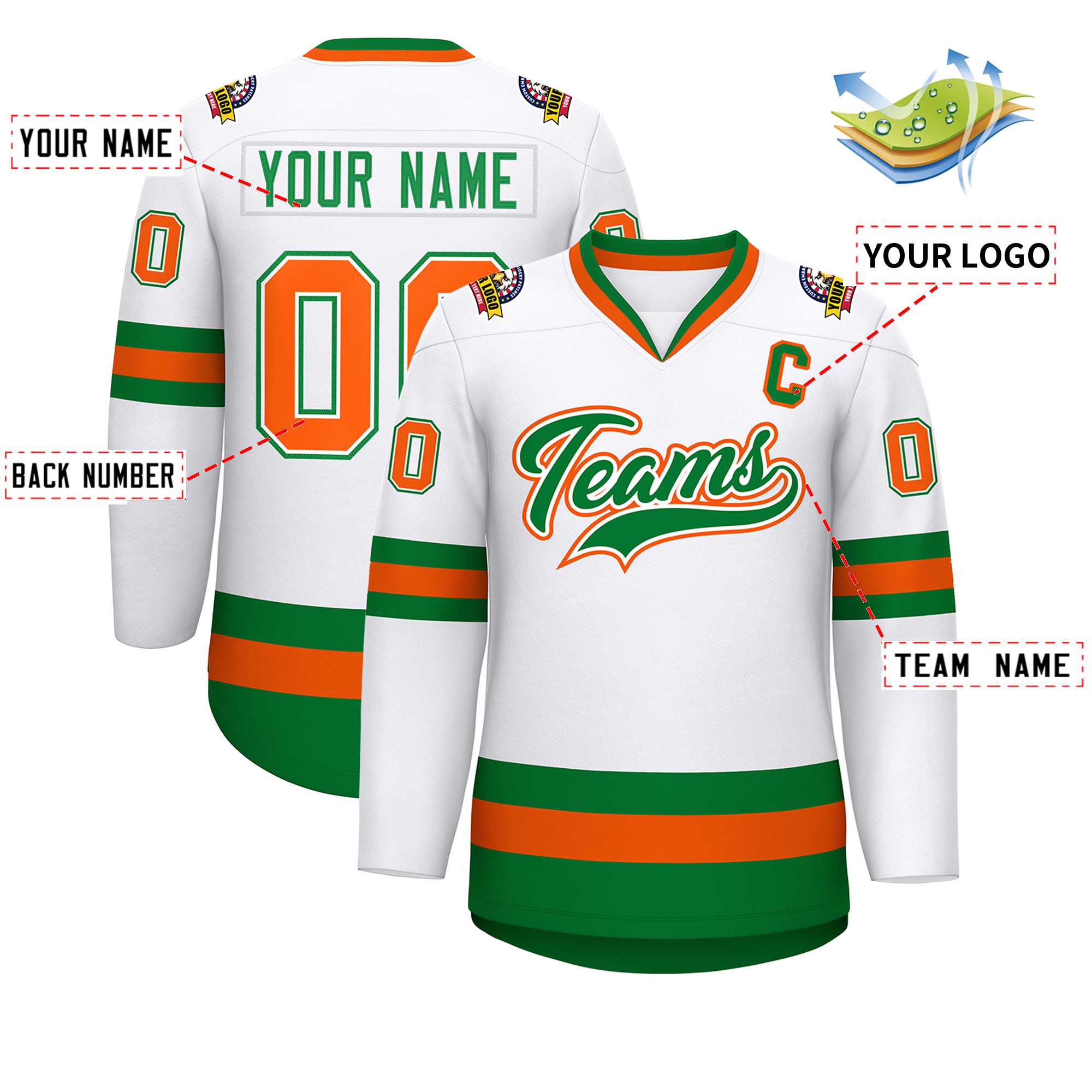 Maillot de hockey personnalisé blanc Kelly vert blanc-Orange, style classique