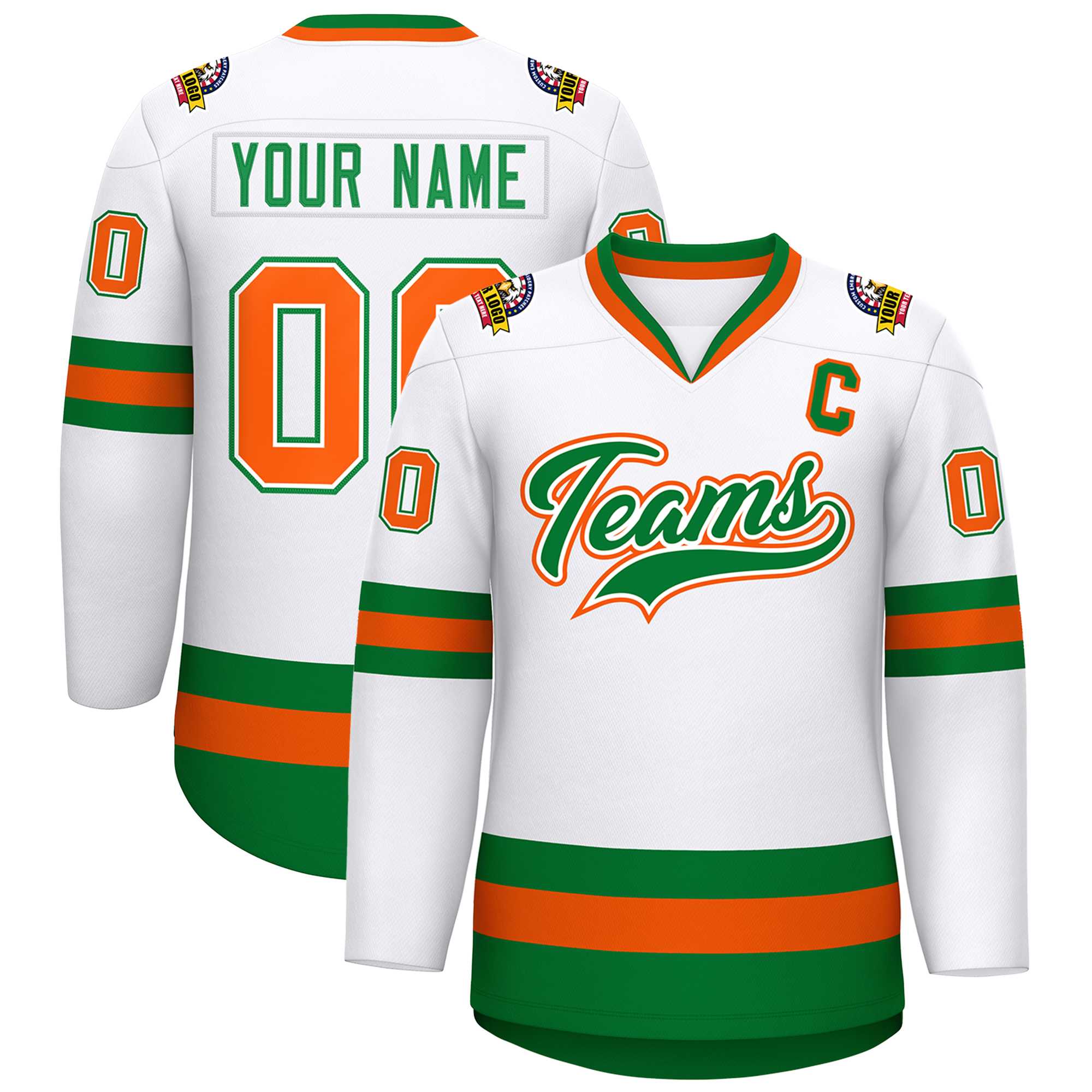 Custom White Kelly Green White-Orange Classic Style Hockey Jersey