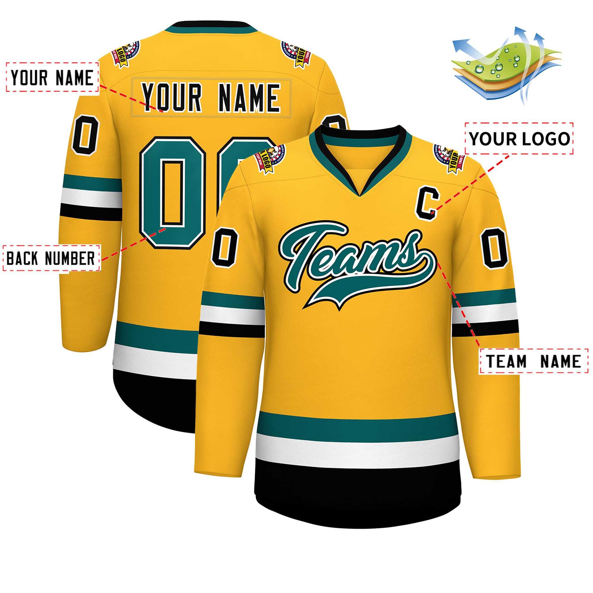 Custom Gold Aqua White-Black Classic Style Hockey Jersey