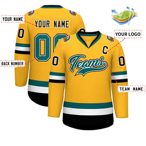 Maillot de hockey de style classique personnalisé Gold Aqua blanc-noir