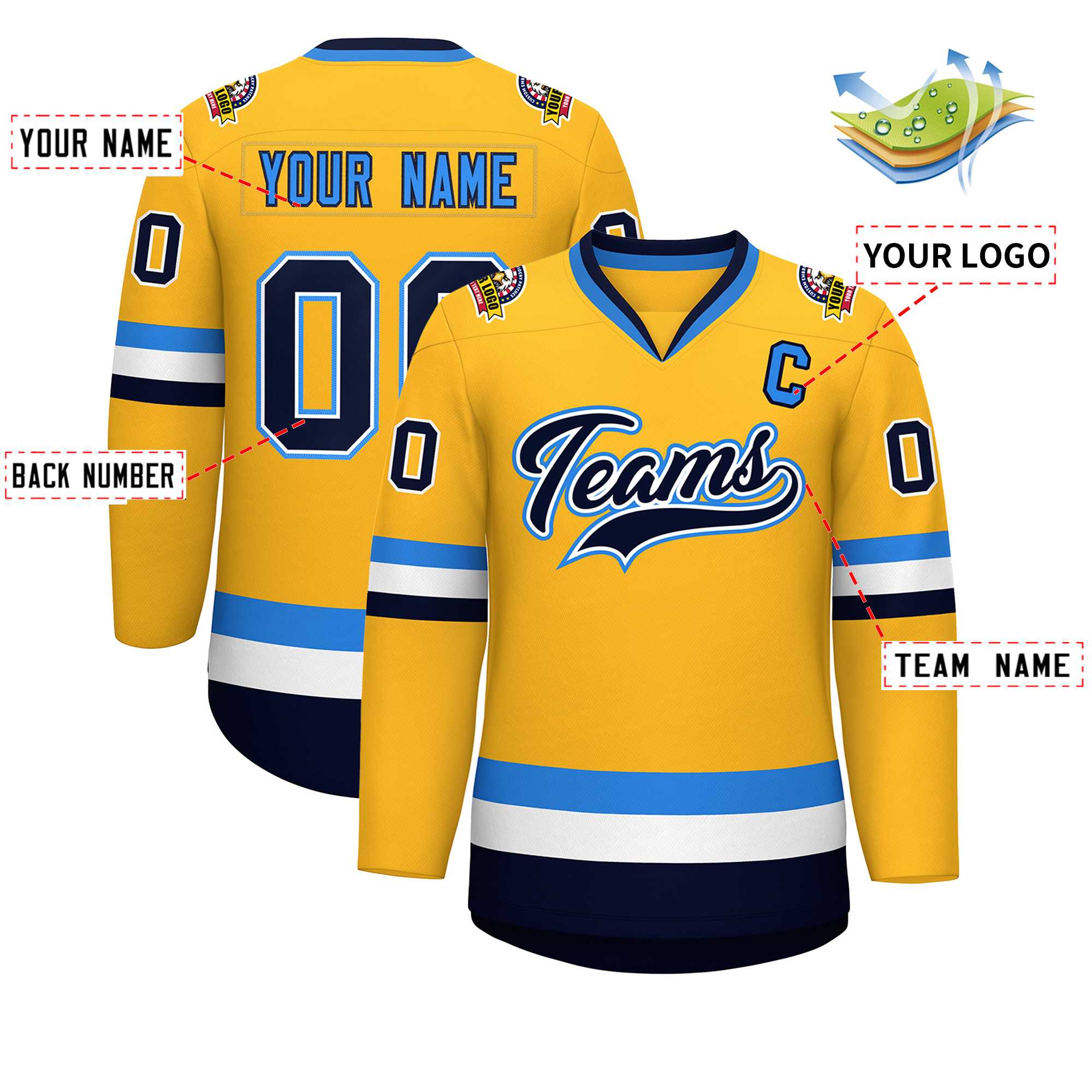 Custom Gold Navy White-Powder Blue Classic Style Hockey Jersey