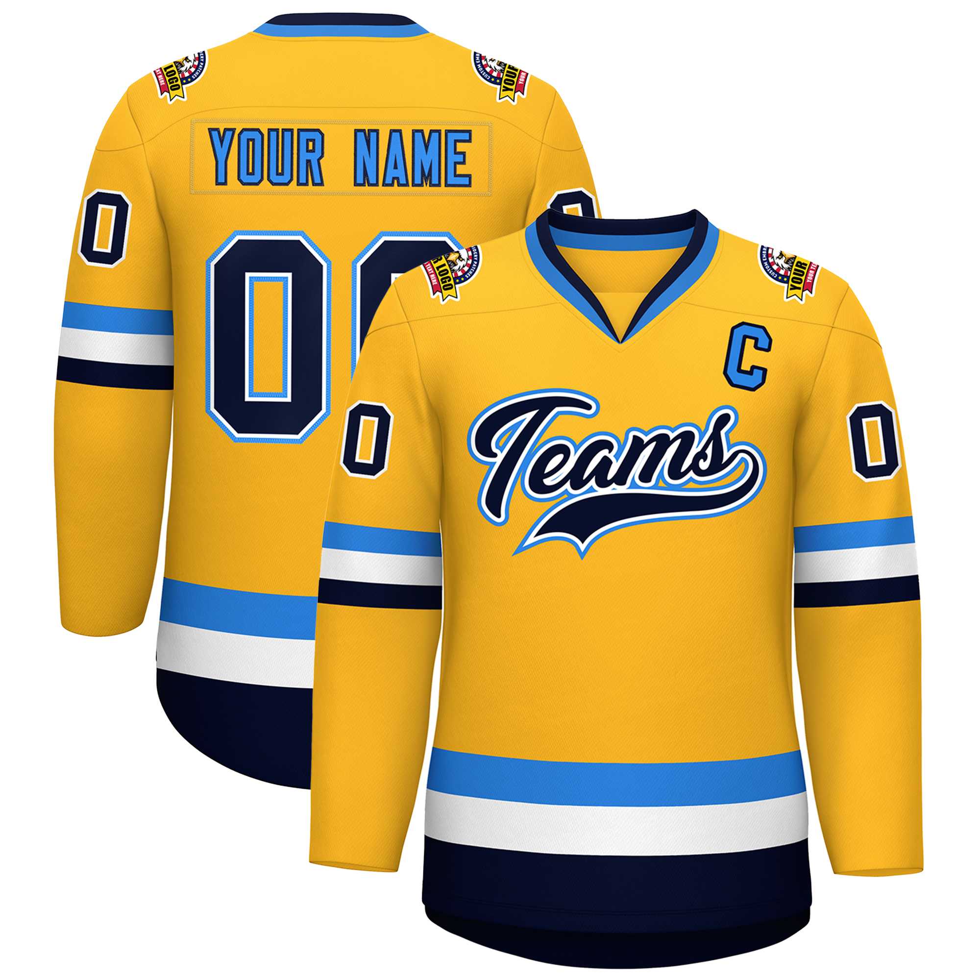 Custom Gold Navy White-Powder Blue Classic Style Hockey Jersey