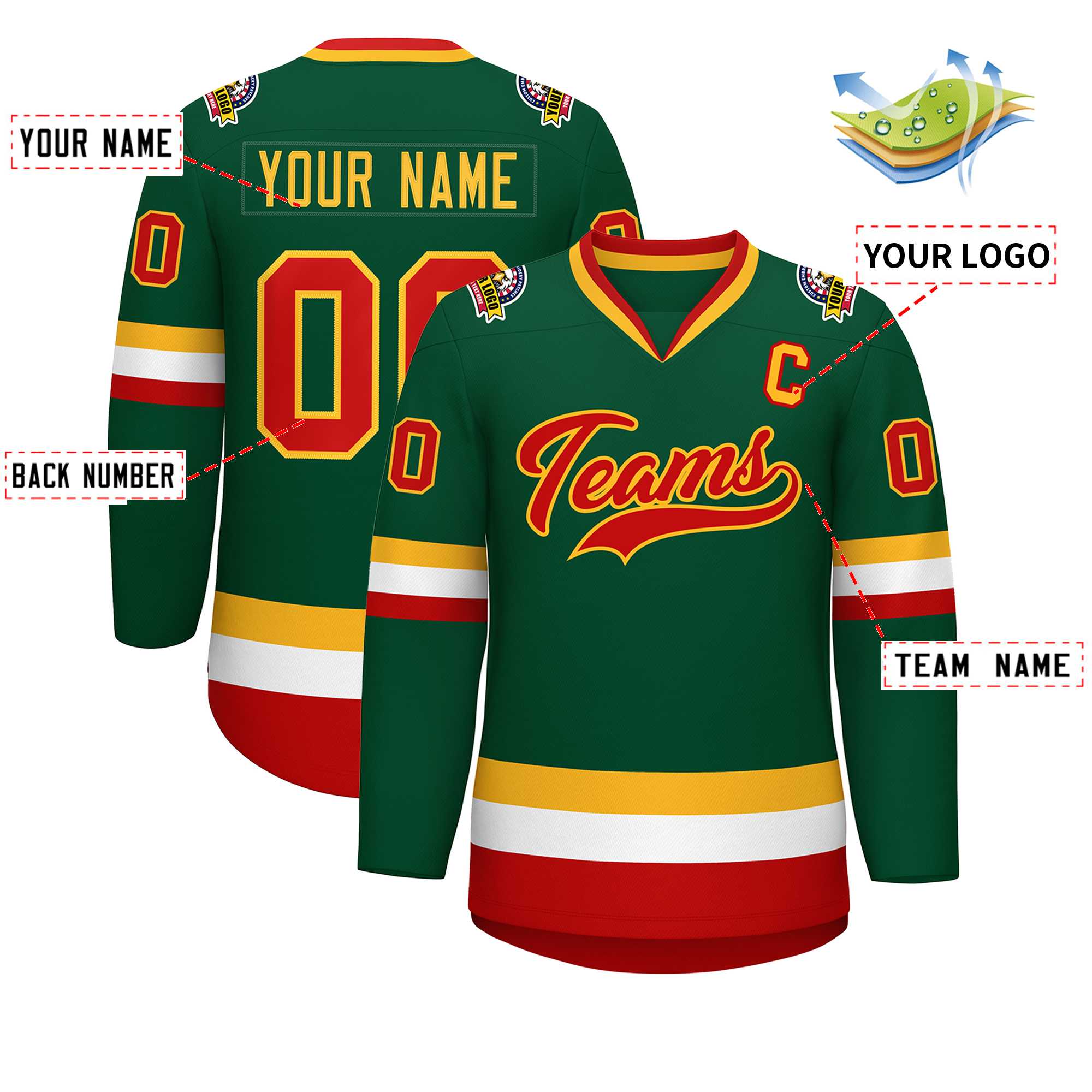 Maillot de hockey de style classique vert rouge-or personnalisé