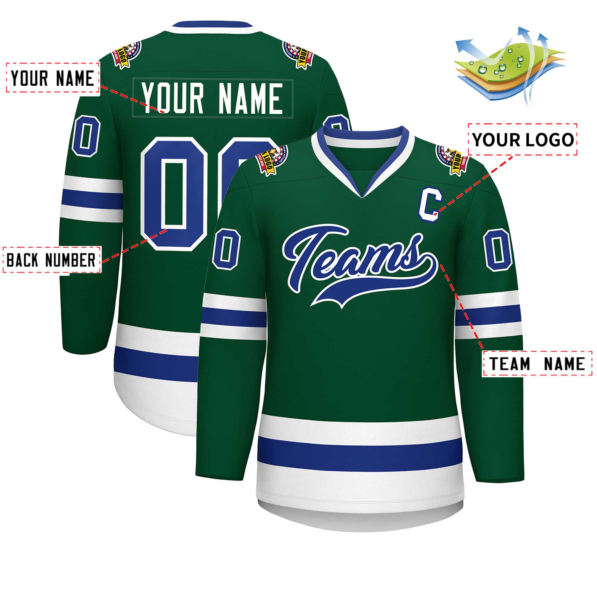 Maillot de hockey de style classique vert Royal-blanc personnalisé