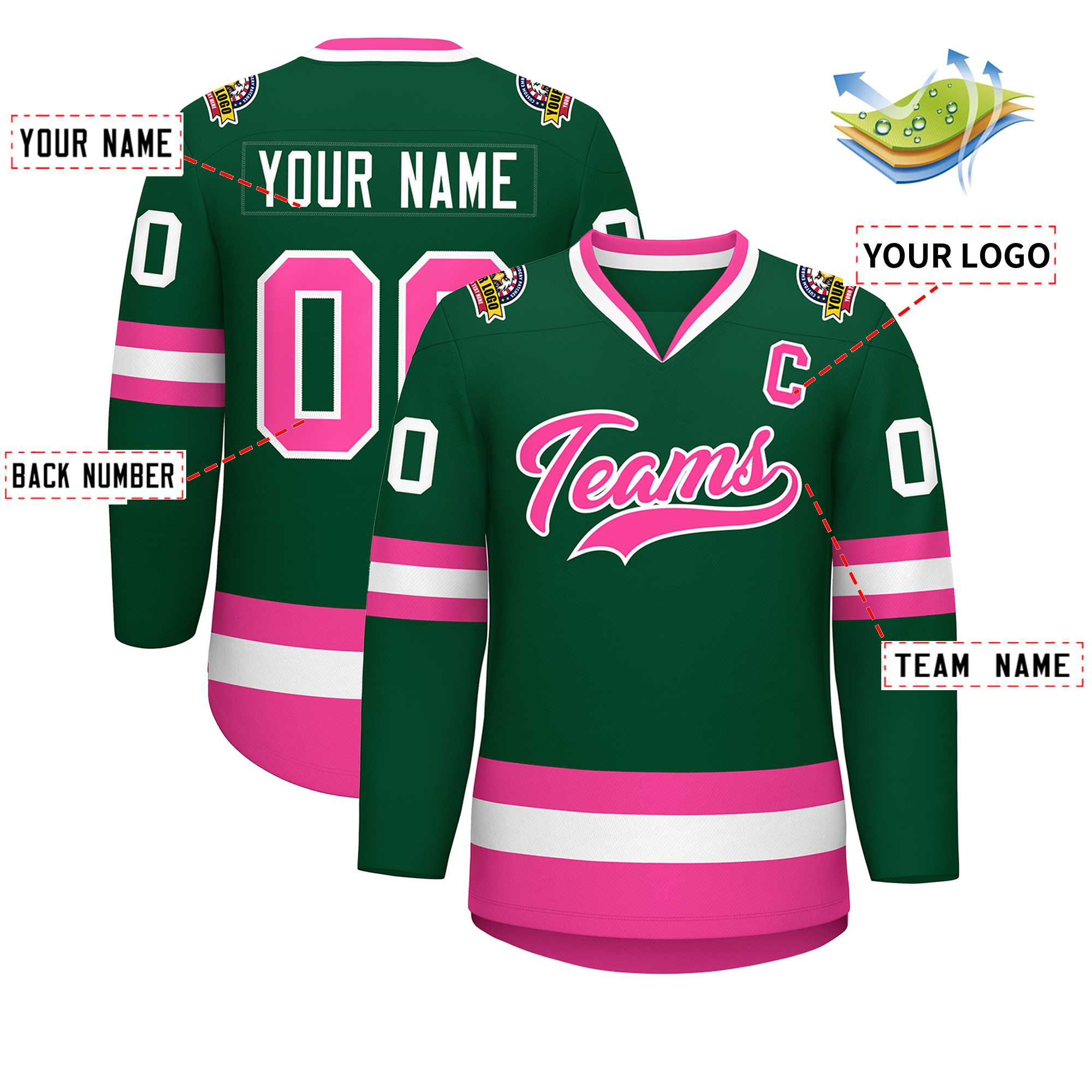 Maillot de hockey de style classique vert rose-blanc personnalisé